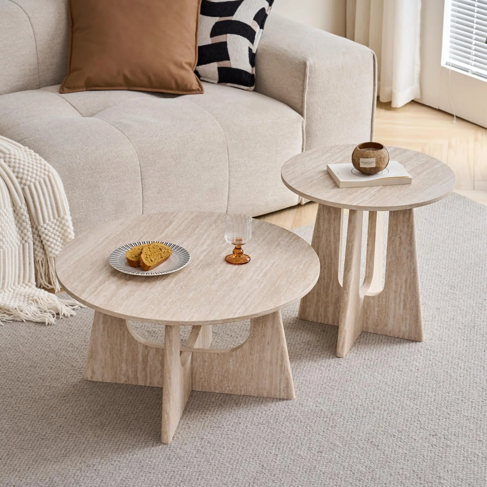 GrandCA HOME Juego de 2 Mesa de Centro Redonda, Mesa Auxiliar de Sala de Estar de Estilo Minimalista Moderno, Material de Tablero de Densidad Media, Adecuada para Sala de Estar - Beige