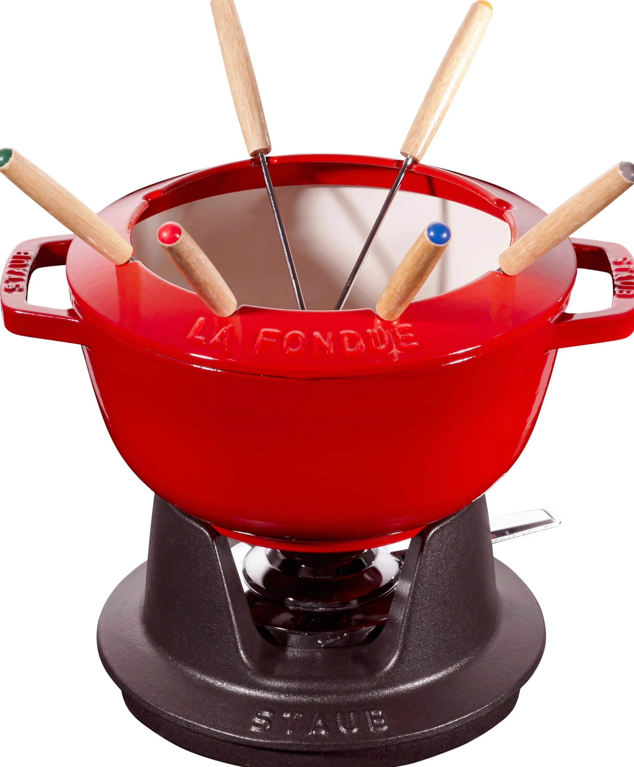 STAUB set de fondue con 6 tenedores, hierro fundido, 20 cm, 2,3 L, para fondue de queso, chocolate y carne, Made in France, rojo cereza