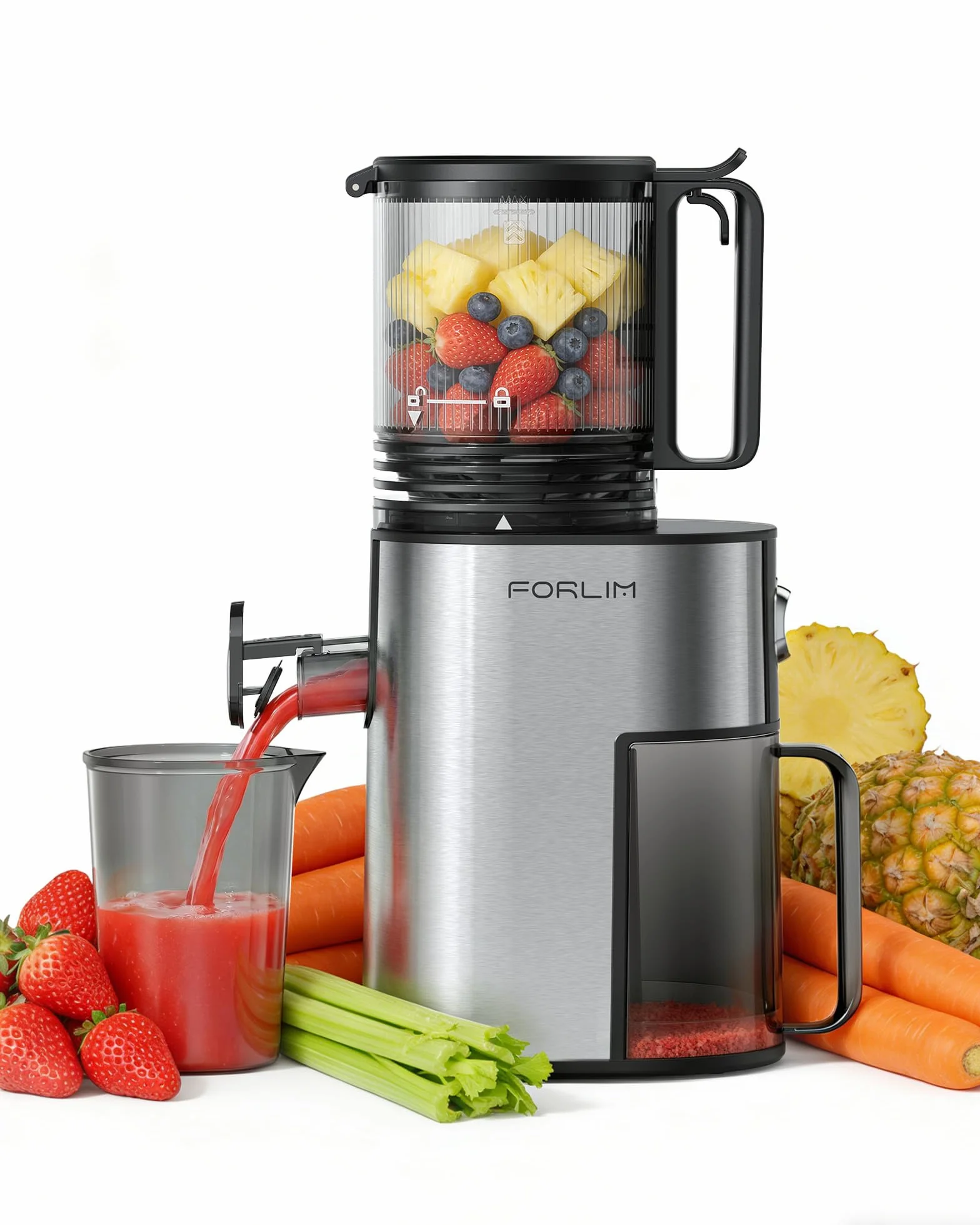 FORLIM Extractor de Zumos y Verduras, 130mm Boca Grande Autoalimentada, 250W Automático Lento Masticador con 1,7L Tolva, Alto Rendimiento, Fácil Limpieza, Plata Clásica