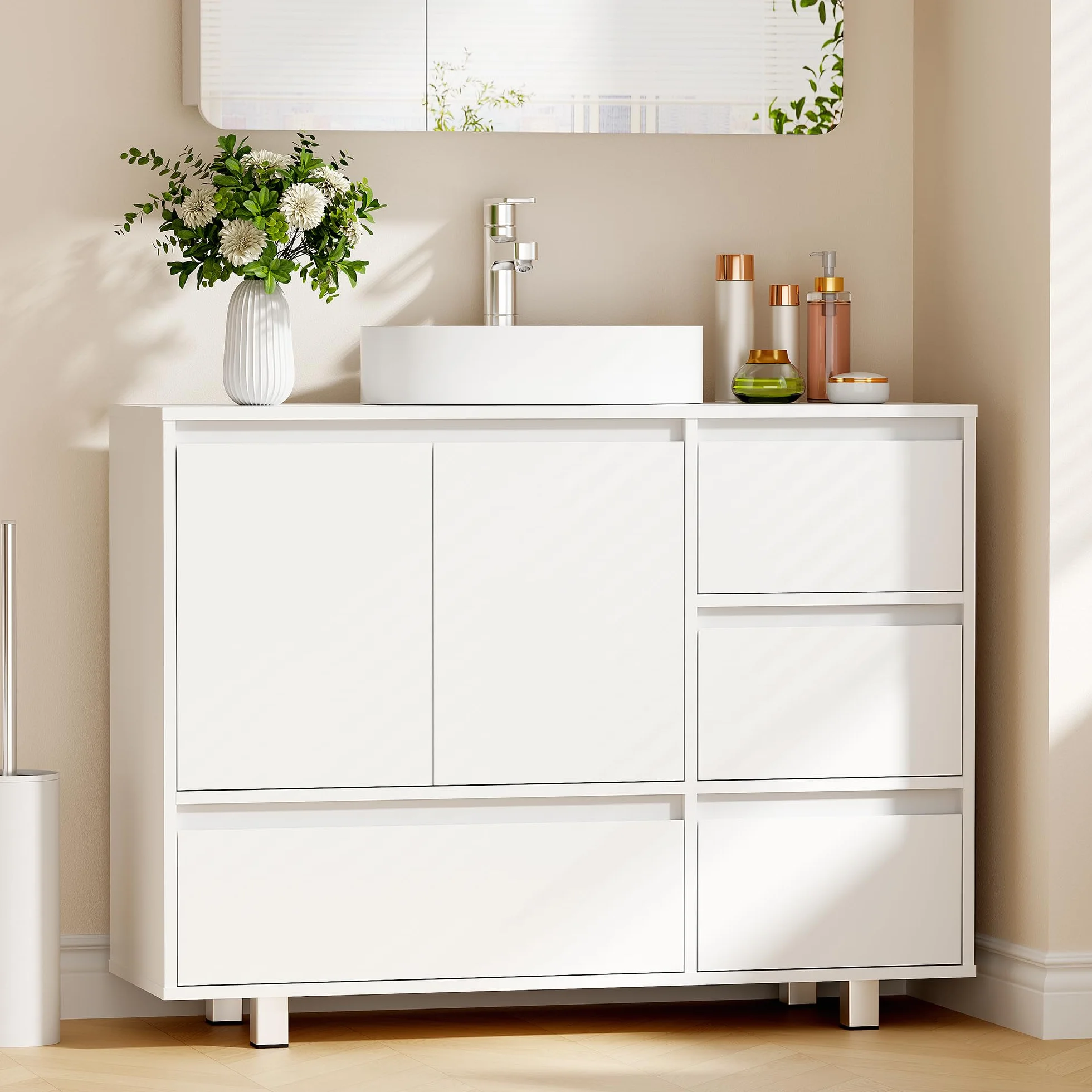 ANWBROAD Mueble Bajo Lavabo, 4 Cajones, 2 Puertas, Armario de Baño con Patas, Moderno,90 x 30 x 64,5 cm, Blanco SSC002W