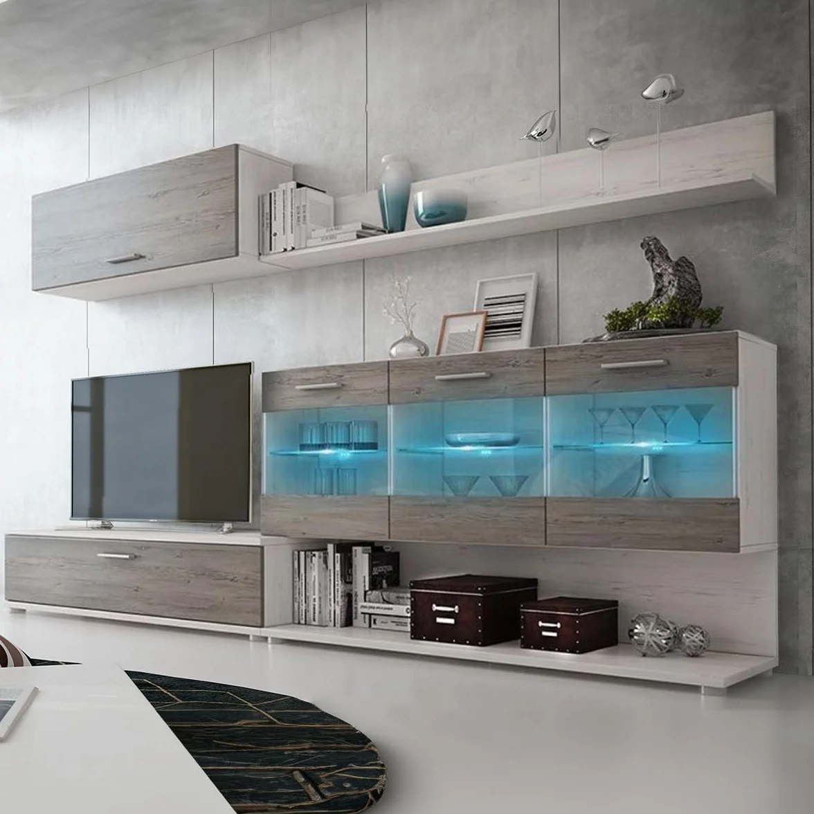 Somnia Descanso - Mueble de Salón Moderno con Leds, Módulos de Comedor, Modelo Nilo, Acabado en Andersen Pino - Gris, Medidas: 250 cm (Ancho) x 115 cm (Alto) 40 cm (Fondo)