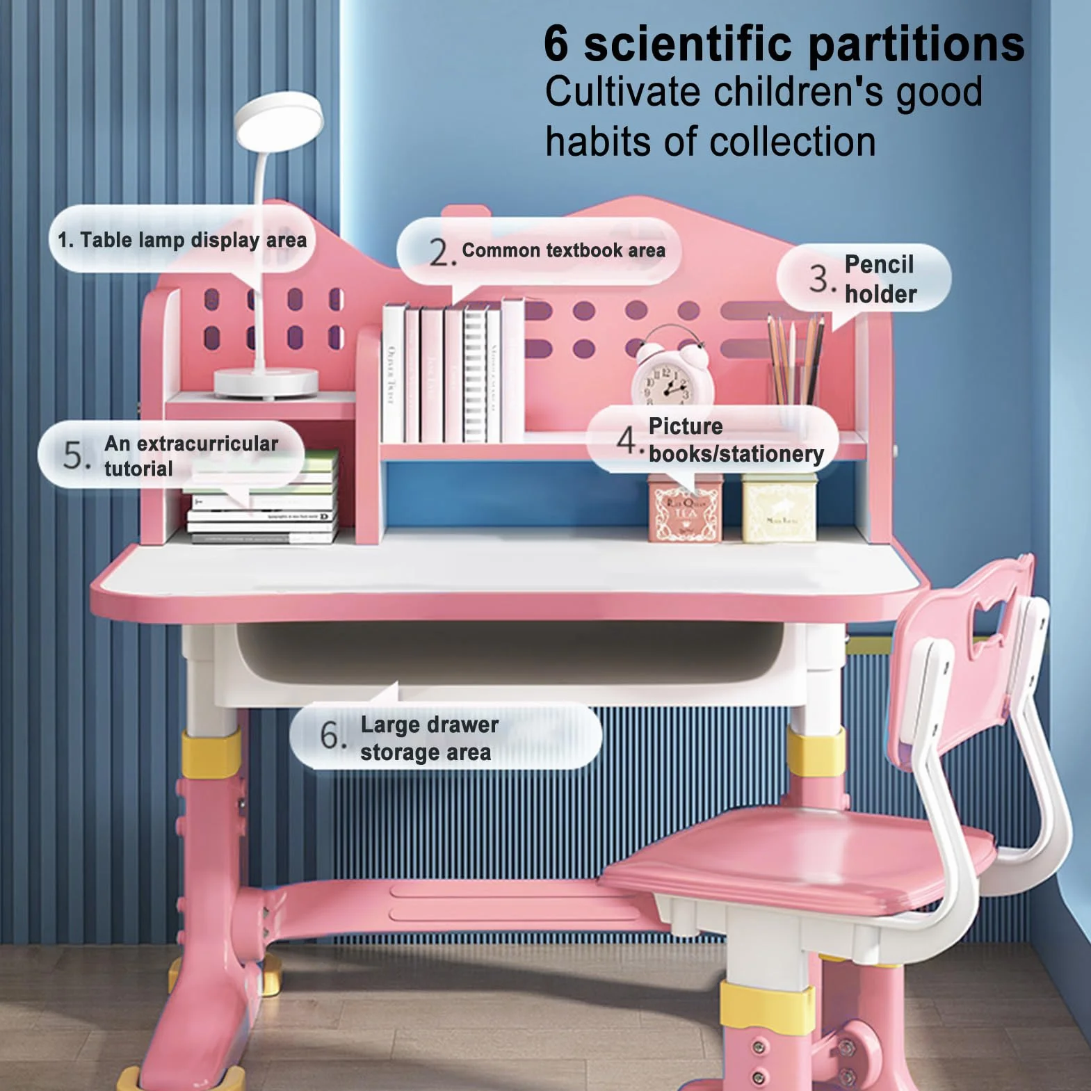Escritorio y Silla Infantil Ajustable,Juego de Escritorio y Silla Infantil Ajustable en Altura para Niños de 3 a 18 Años Set de Estudio Ergonómico con Diseño de Cómic (Versión ampliada Rosa)