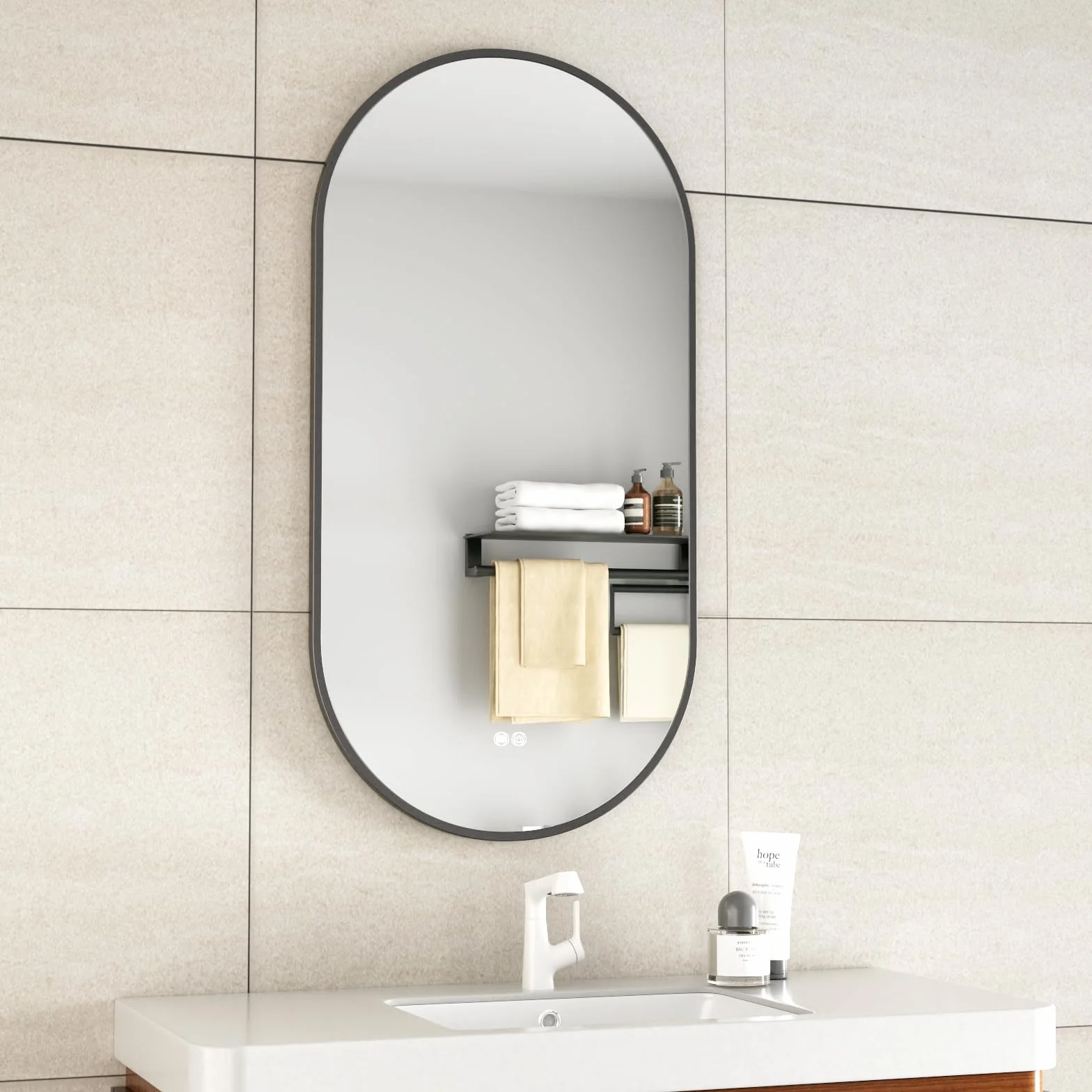 Espejo de baño ovalado de lujo de 50 x 100 cm, con calefacción antivaho, iluminación LED regulable, temperatura ajustable, pantalla táctil (negro mate)