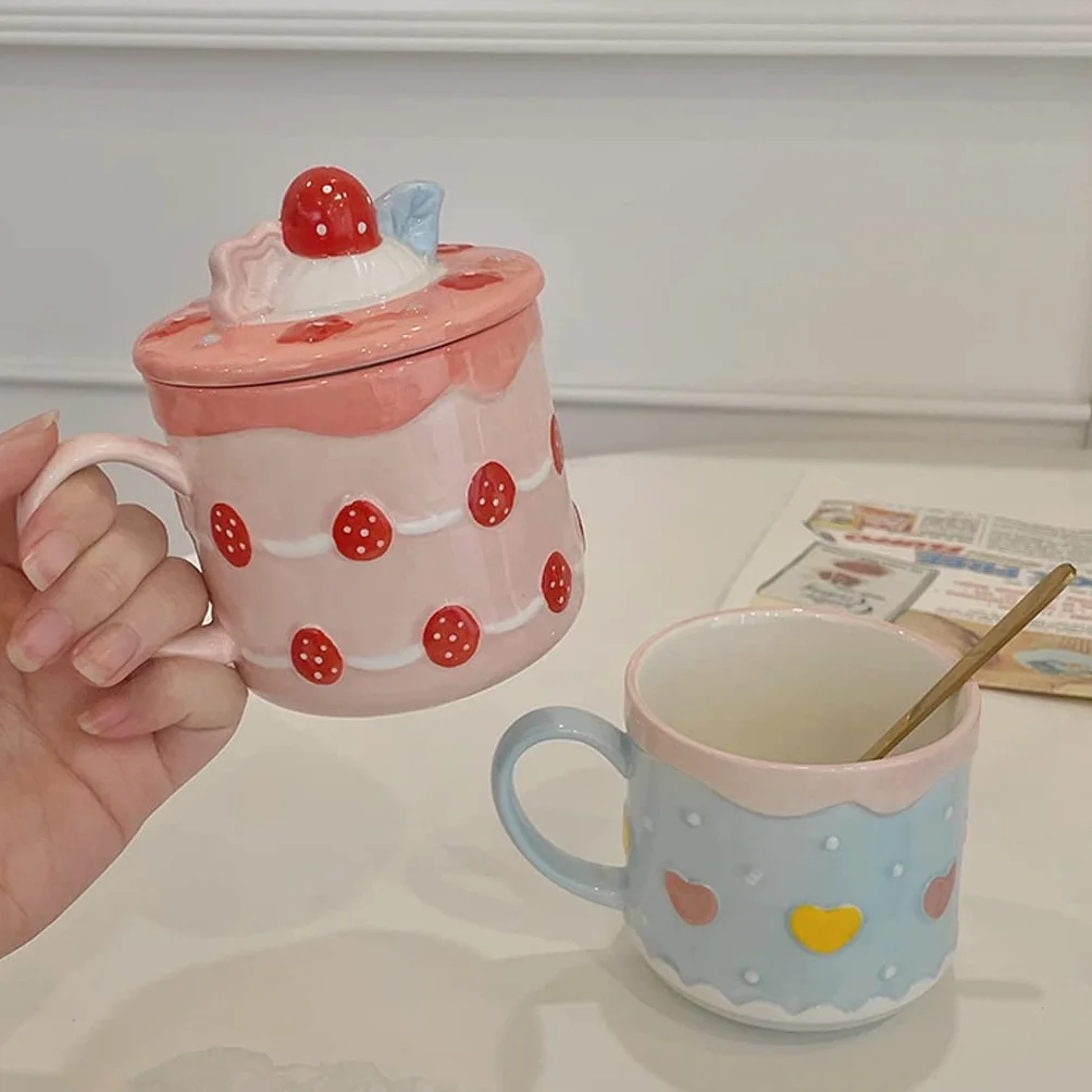 Taza de café de cerámica Taza de cerámica Taza Divertida Mujer con Tapa Cuchara Taza de Agua para el hogar Taza de café Estudiante Desayuno Taza de Leche (C)