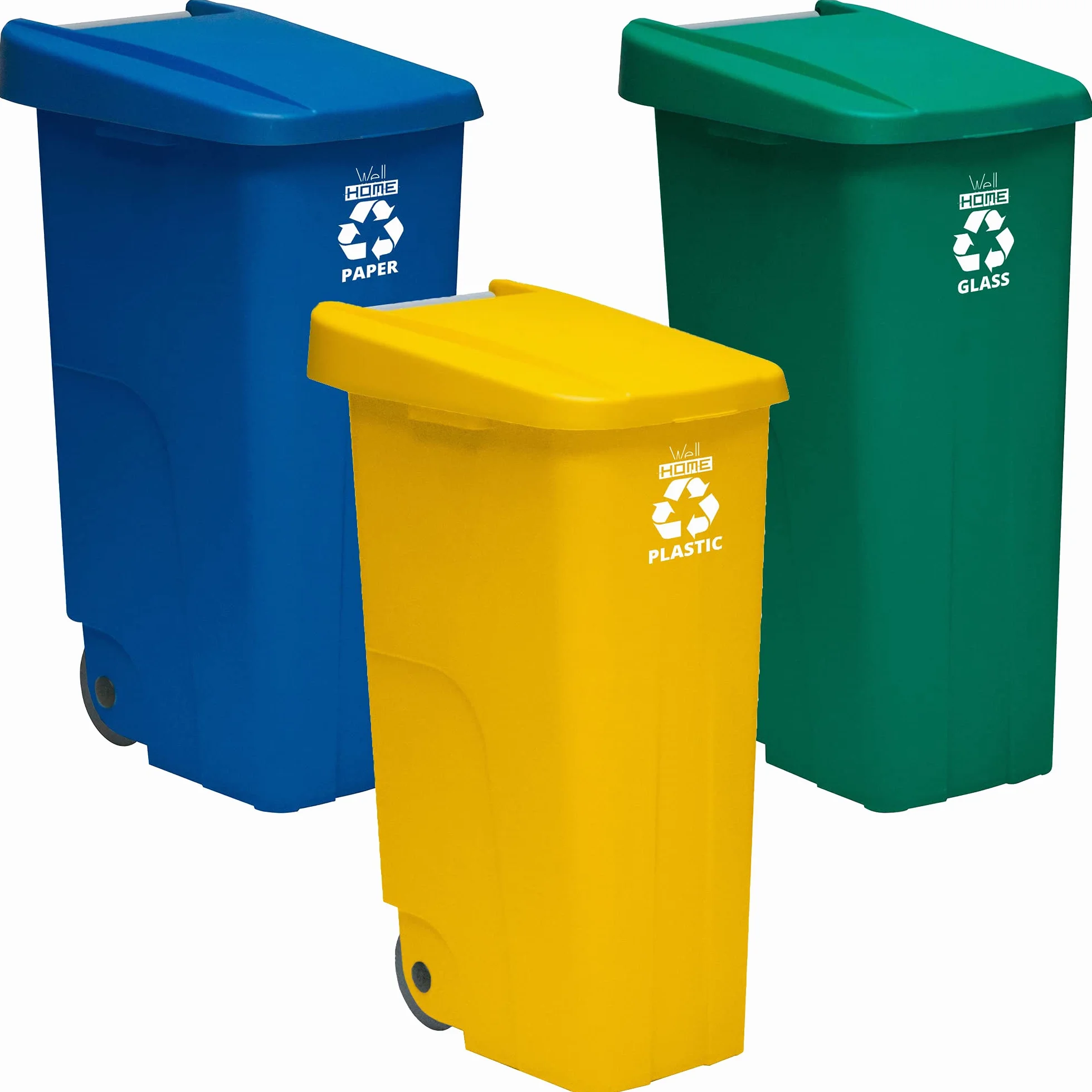 WELL HOME MOBILIARIO & DECORACIÓN Pack reciclaje Contenedor Reciclo 110 litros cerrado c/u: 330 litros totales, en 3 contenedores, en colores azul/verde/amarillo