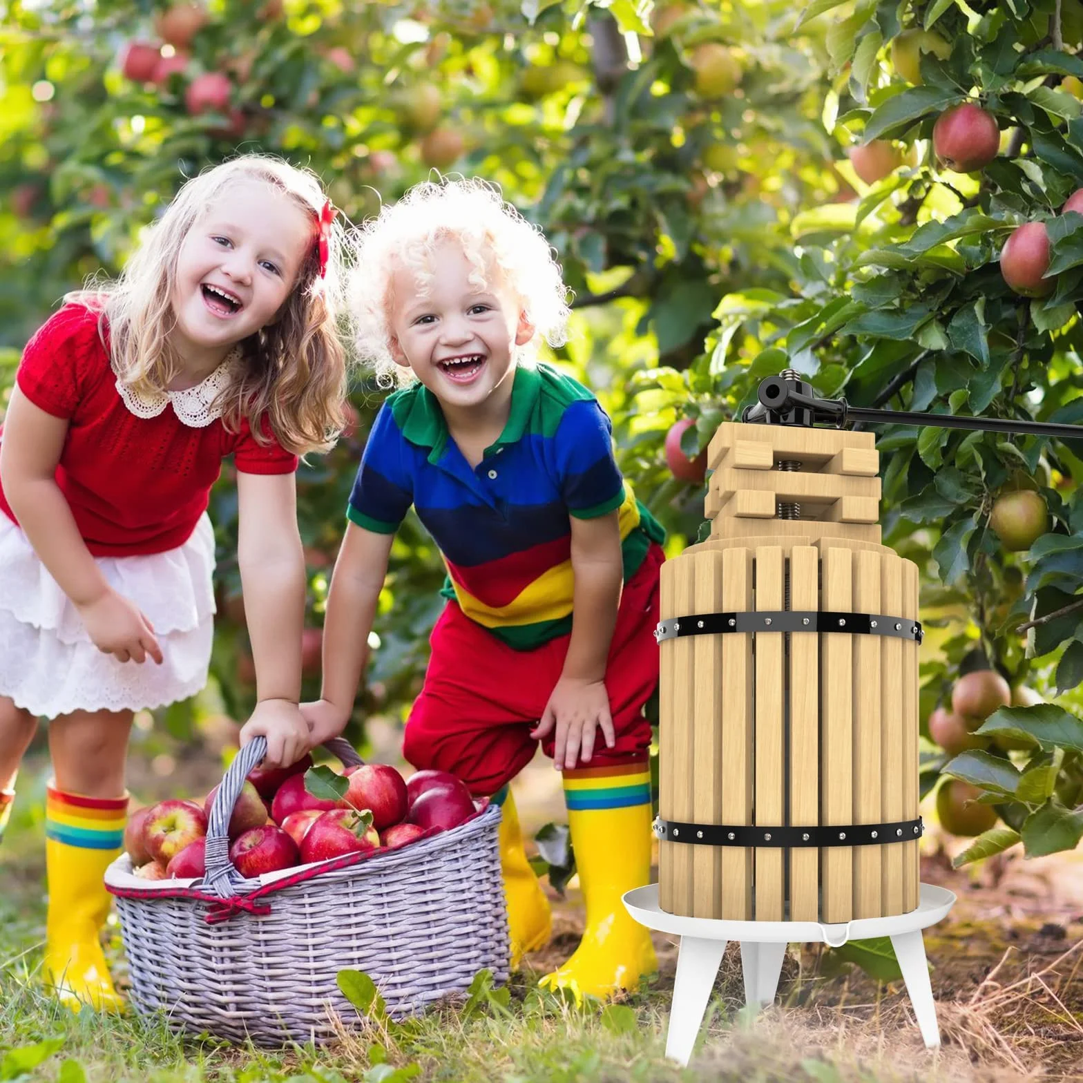 Prensa de frutas de 18 l, con cesta de madera para zumo natural, uva, baya, manzana, prensa de frutas, prensa de vino, incluye red de prensado gratuita