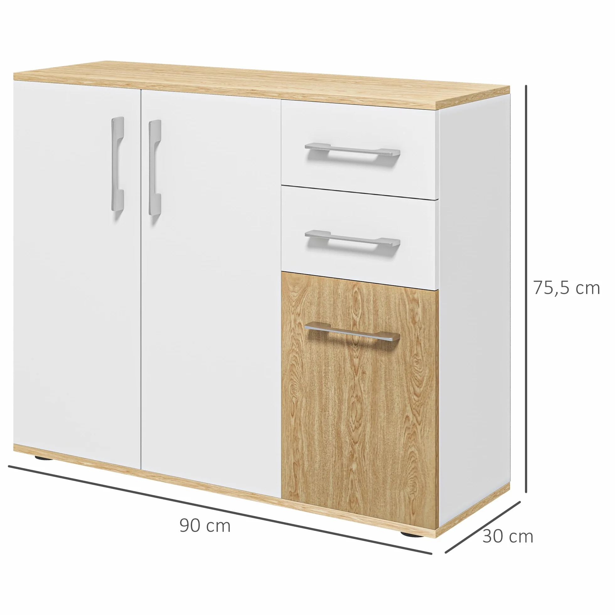 HOMCOM Aparador de Salón Moderno con 2 Cajones y 2 Armarios 90x30x75,5 cm Blanco y Natural
