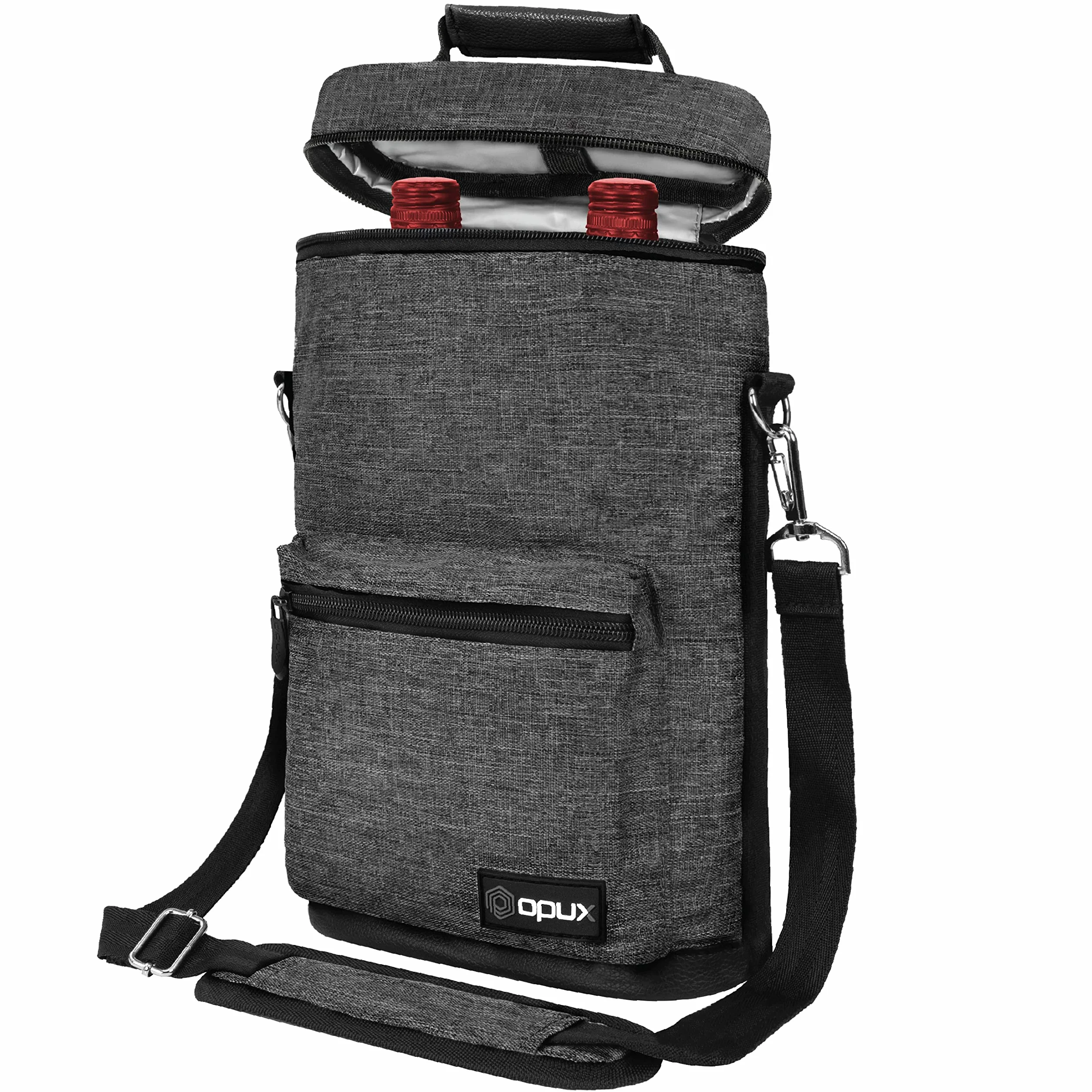 OPUX Bolsa de 2 botellas para vino, bolsa térmica para viajes, picnic, BYOB, bolsa de transporte portátil, protección acolchada, correa para el hombro, color gris carbón