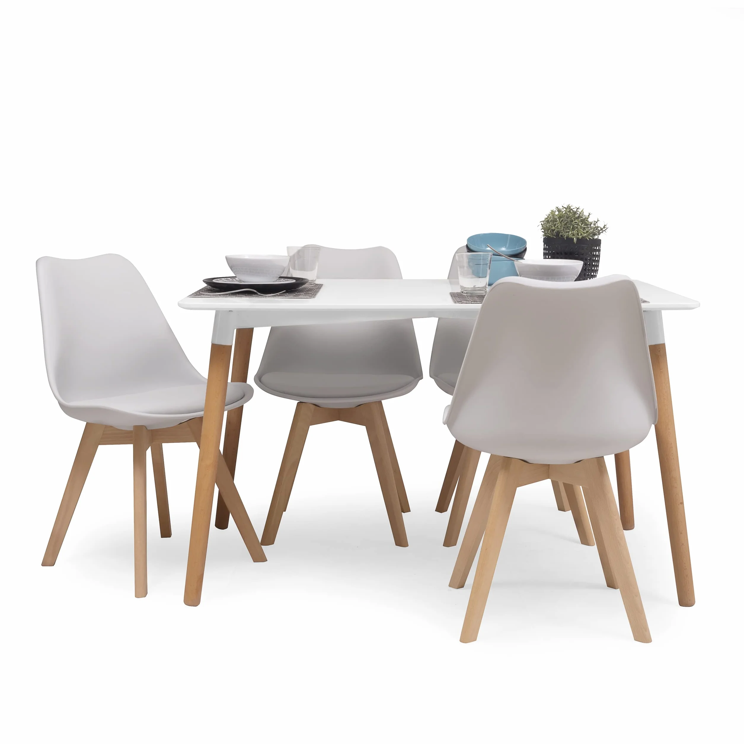 musashino LABEL Homely - Conjunto de Comedor Tower Day 120 con Mesa lacada Blanca de 120x80 cm y 4 sillas Day (Gris Claro)
