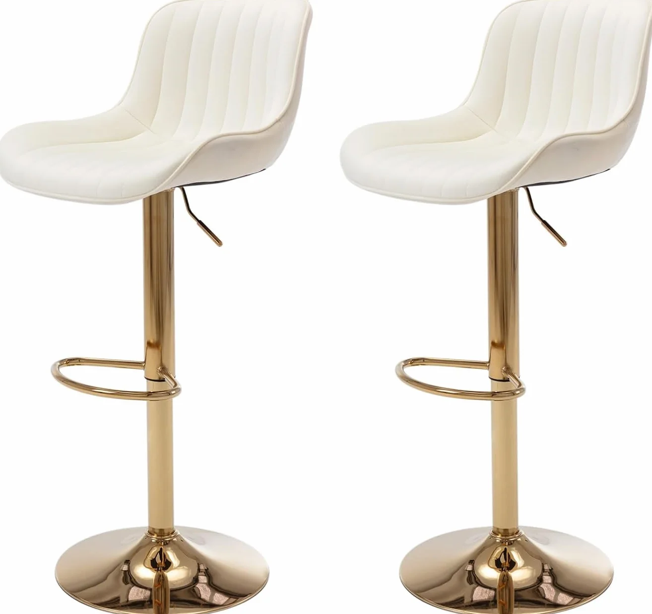 Juego de 2 Taburete de Bar de Terciopelo Taburetes Altos de Cocina Regulables en Altura 60-82cm Giratorio en 360° con Respaldo y Reposapiés Base Dorada Sillas de Bar (Beige-)