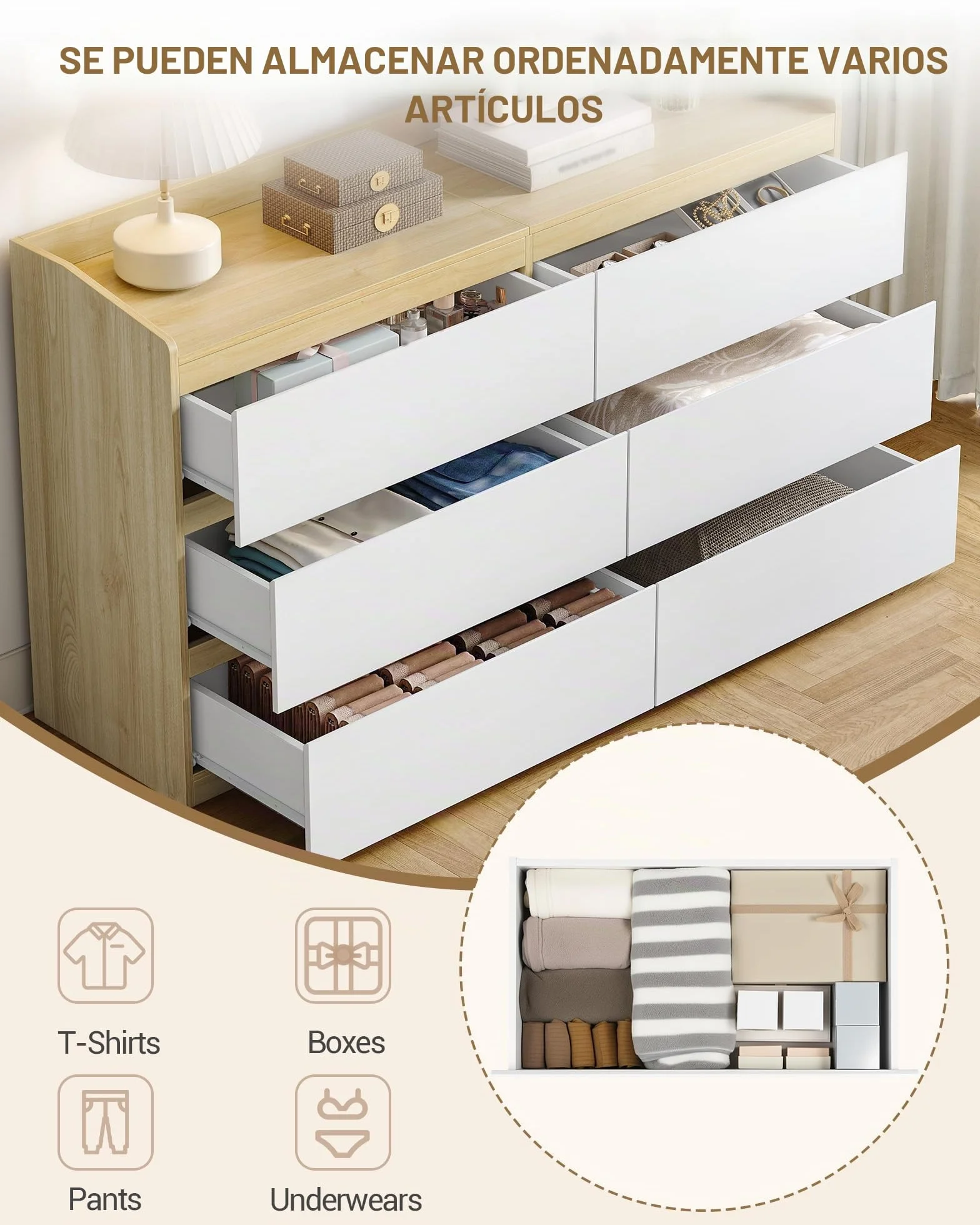 Hzuaneri Cómoda, Cajonera Dormitorio de 6 Cajones, Armario Auxiliar con Superficie de Trabajo, Estilo Moderno, para Salón, Dormitorio, Pasillo, 40 x 138 x 84 cm, Blanco-Roble DC32631X