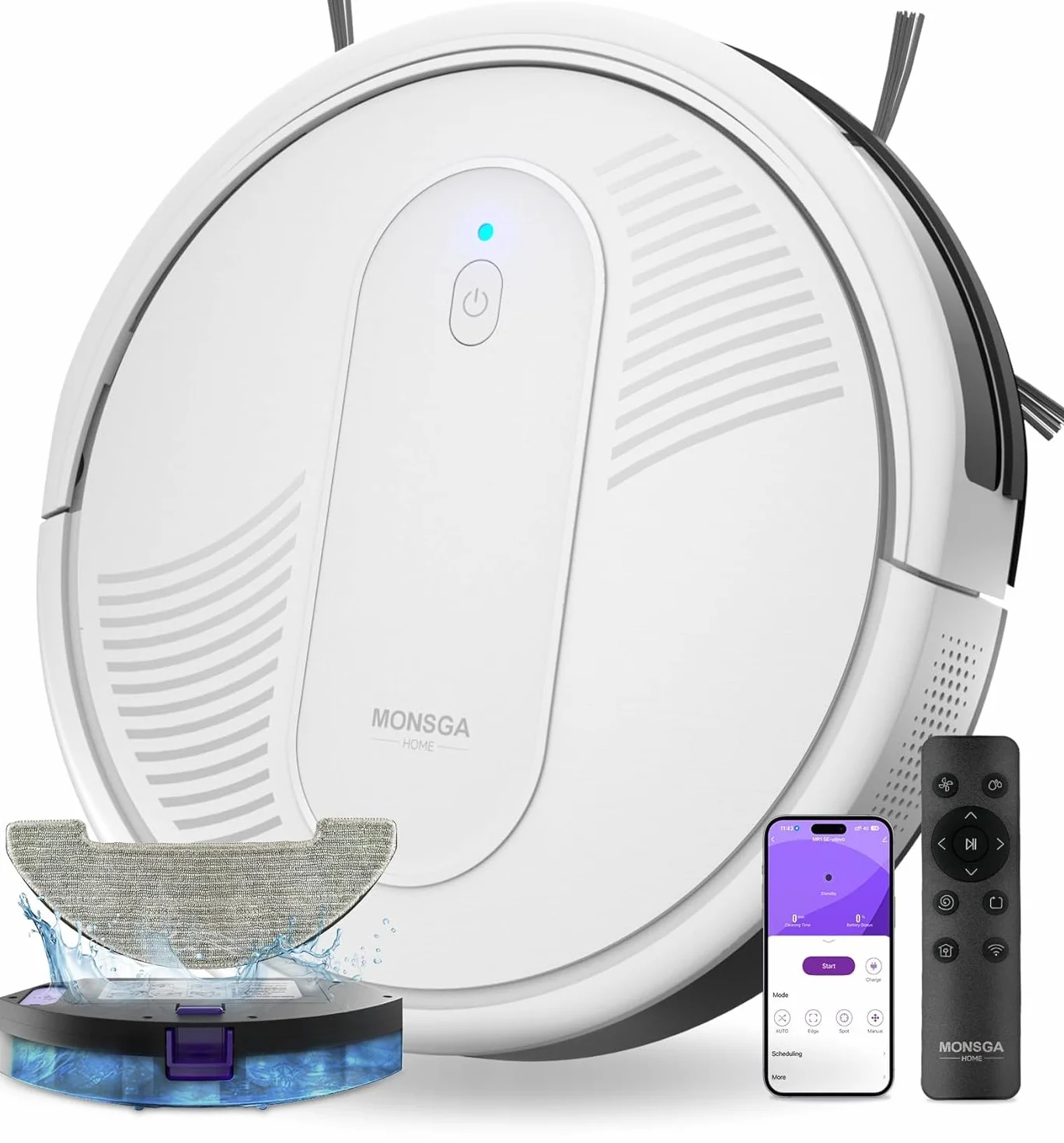 MONSGA Robot Aspirador y Fregasuelos, Robot Aspirador 4000Pa Presión de Succión, Autonomía 140 Minutos, Sensores Anticaídas y Cepillo Multifunción, TotalSurface, App Control(Blanco)