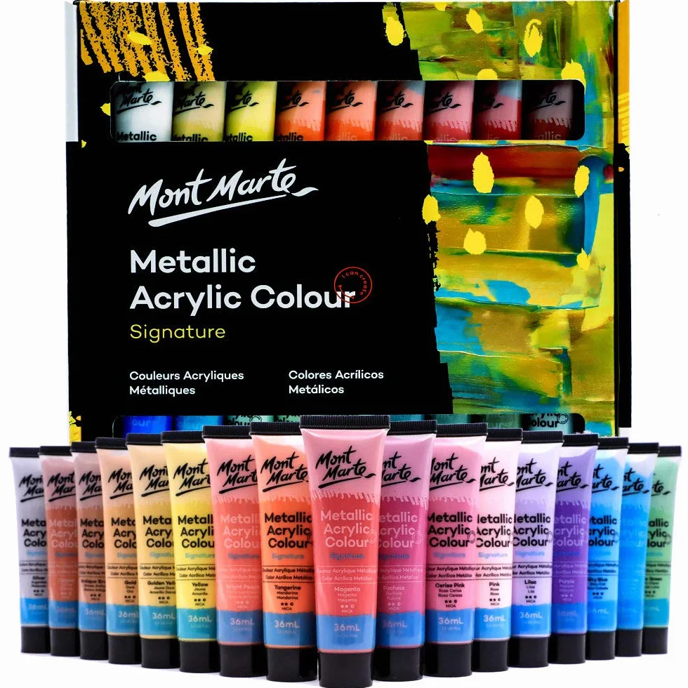 MONT MARTE Pintura Acrilica Metalizada – 36 Piezas, Tubos de 36 ml – Ideal para la Pintura Acrílica – Colores Resistentes a la luz con Gran Opacidad