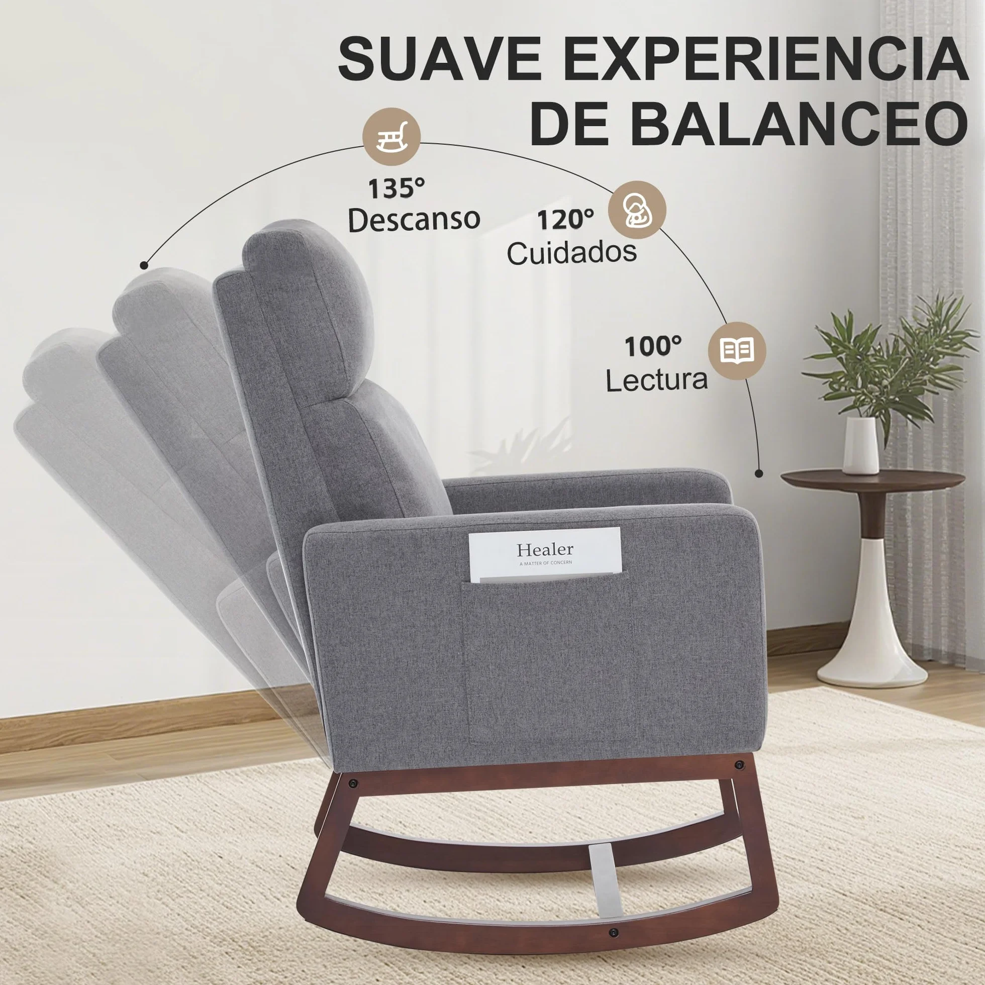 Silla Mecedora de Lactancia Lino, Respaldo Alto, Bolsillos Laterales, Patas de Madera (Gris Carbón)