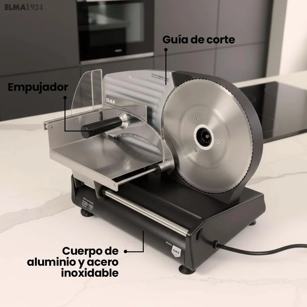 ELMA Cortafiambres Eléctrico CFD220 XL con Dos Cuchillas de Acero Inoxidable Ø220 mm | Cortadora de Fiambre Doméstica Ajustable 0-15 mm, Potente, Segura y Fácil de Limpiar