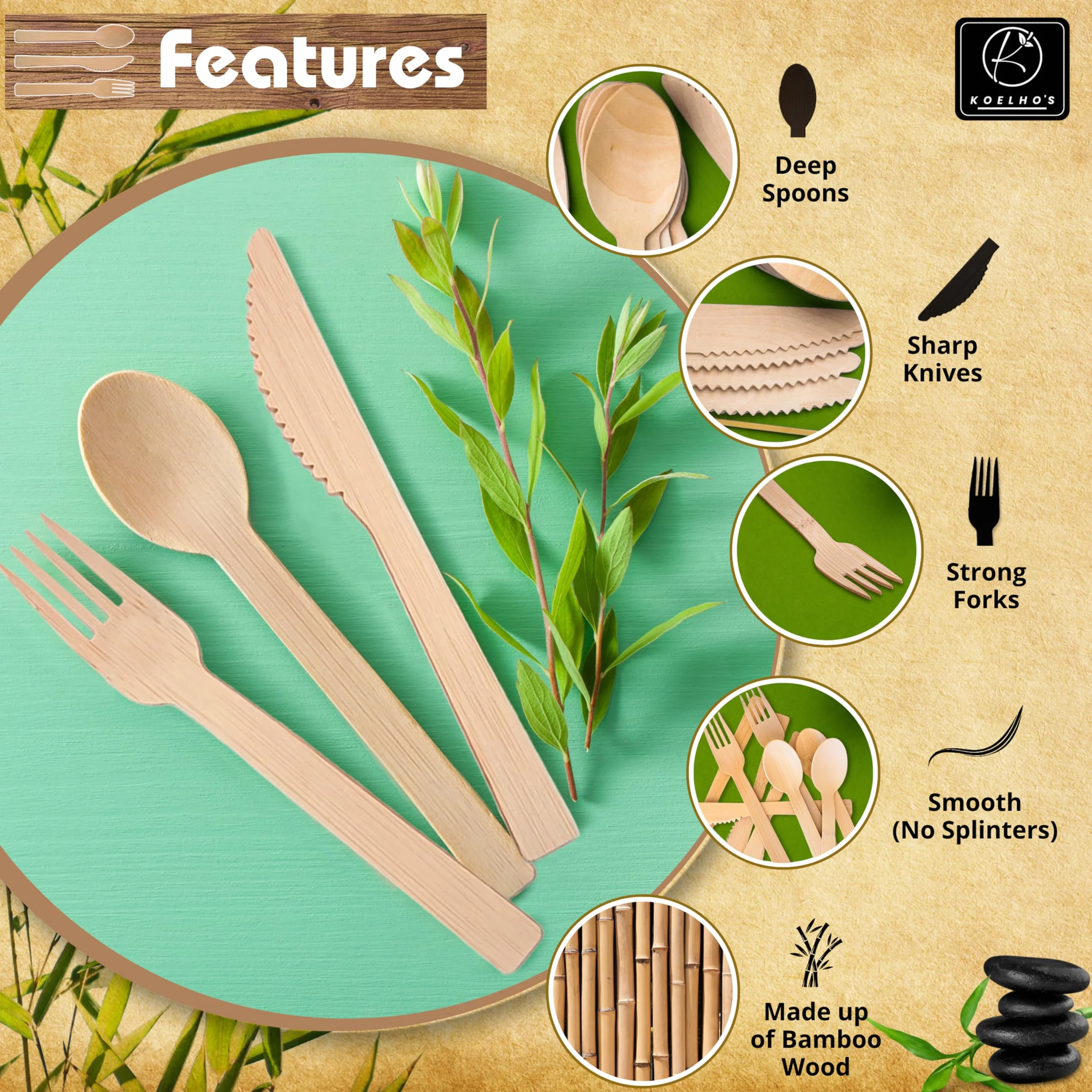 KOELHO'S Juego de cubiertos de bambú 100 % natural, 24 cuchillos, 24 tenedores y 24 cucharas, juego de utensilios de bambú reutilizables para fiestas, bodas, pícnics (paquete de 48)