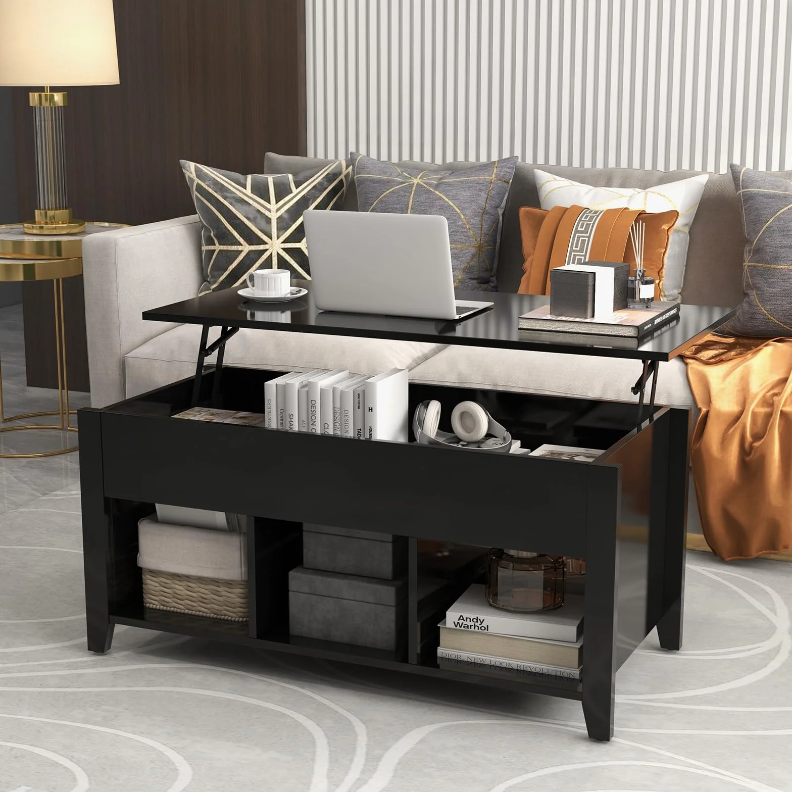 GOPLUS Mesa de Centro Elevable, Mesa Baja Café con Compartimento Oculto y 3 Compartimentos de Almacenamiento, Decorativo para Salón y Oficina (105x52x63 cm, Negro)