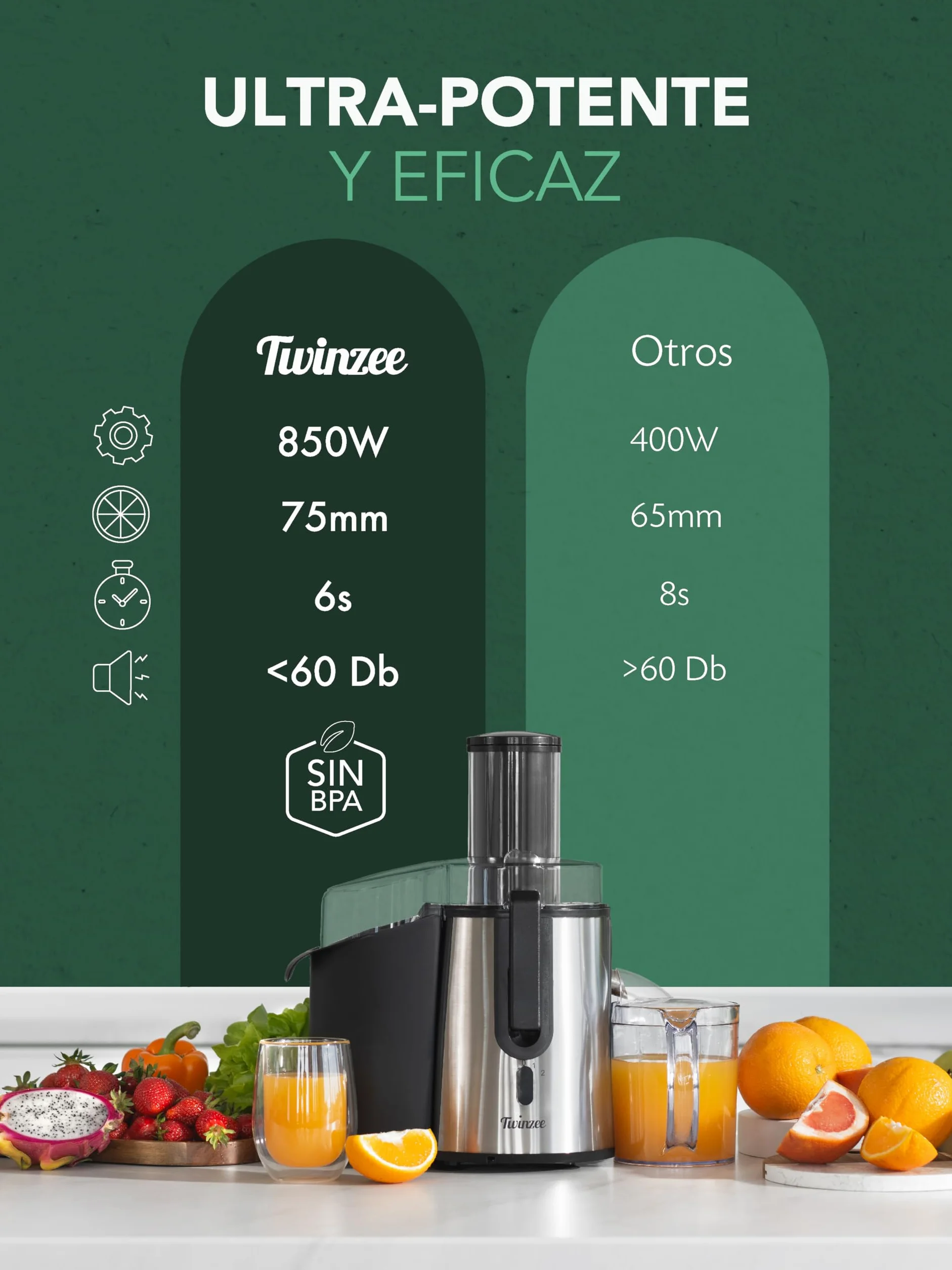 Twinzee Licuadora 850W Extractor de Zumos y Verduras Juicer Boca 75 mm 2 Velocidades