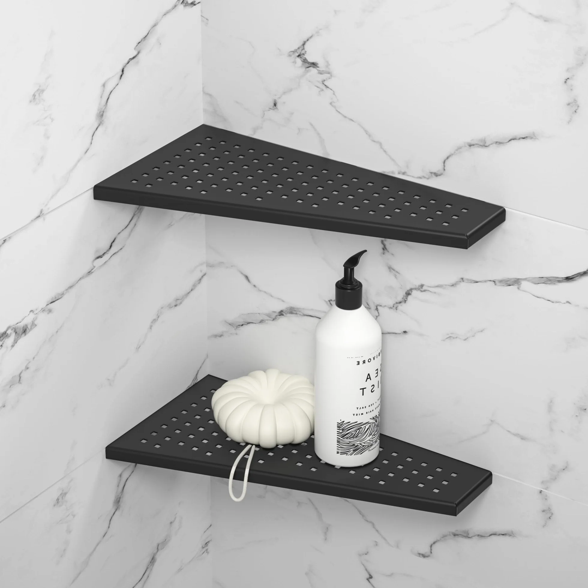 Estante de esquina para ducha de acero inoxidable 304, sin taladrar, para baño, champú, agujero cuadrado trapezoidal, 305 x 155 mm, negro, 2 unidades