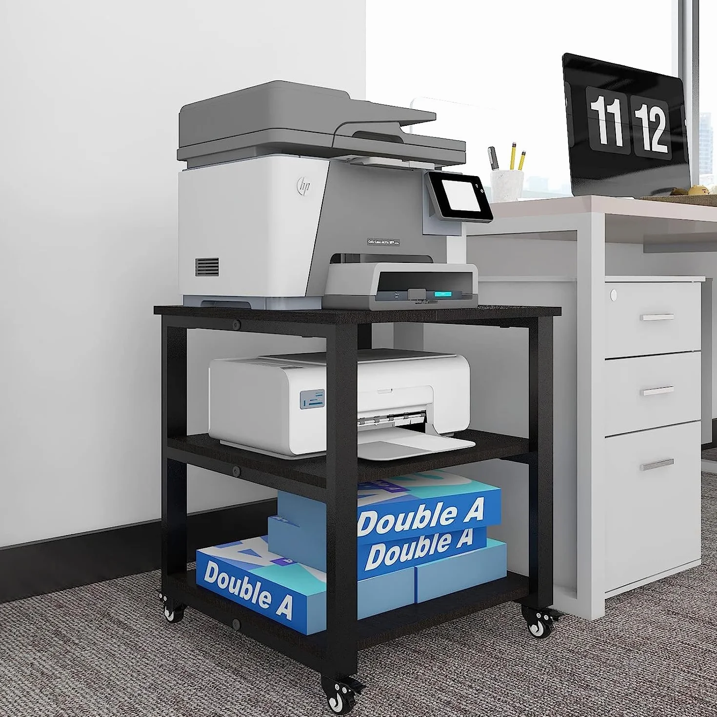 PUNCIA 50 x 50 x 51 cm Soporte para Impresora Estante de 3 Niveles con Ruedas Universales Mueble Móvil Oficina para Impresora de Madera y Metal Carro de Almacenaje para Despacho Escuela Estudio Negro