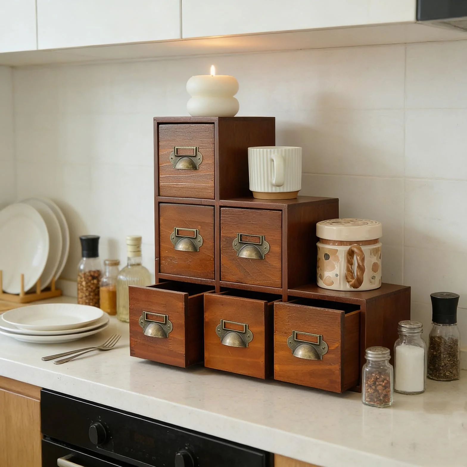 Caja De Almacenamiento De Madera Con 6 Cajones, Organizador De Escritorio Estilo Boticario Con Tiradores Metálicos, Gabinete Organizador De Sobremesa De Estilo Vintage Para Té