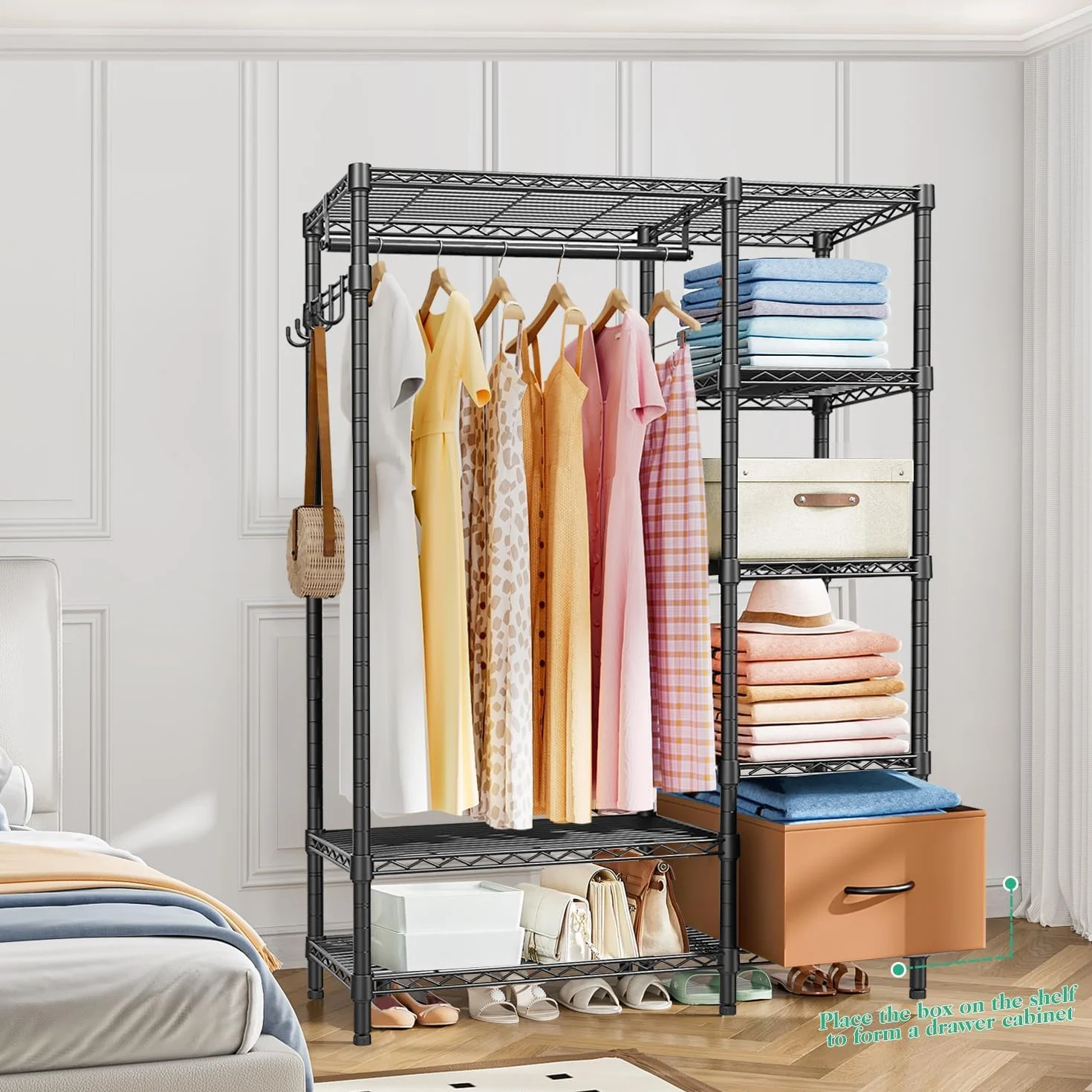 Armario Abierto Perchero con estantes Armario Abierto de alambre para ropa 6 niveles Vestidor de metal resistente para colgar ropa, 44.9 "L x 15.74 "W x 70.9 "H, Carga máxima 560LBS, Negro