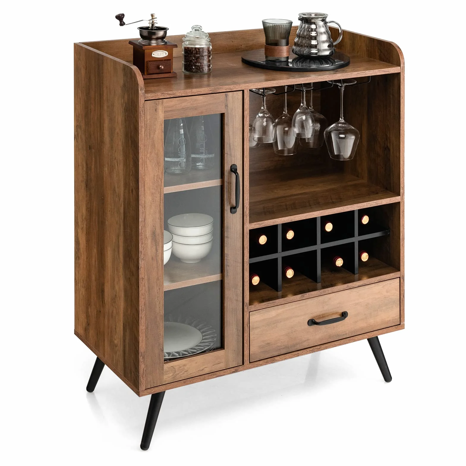 KOMFOTTEU Armario para Vino Industrial, Aparador de Cocina con Portabotellas, Soporte de Cristal, Cajón, Mueble de Almacenamiento con Puerta de Vidrio y Estante Abierto, Armario Bar 80 x 40 x 95 cm