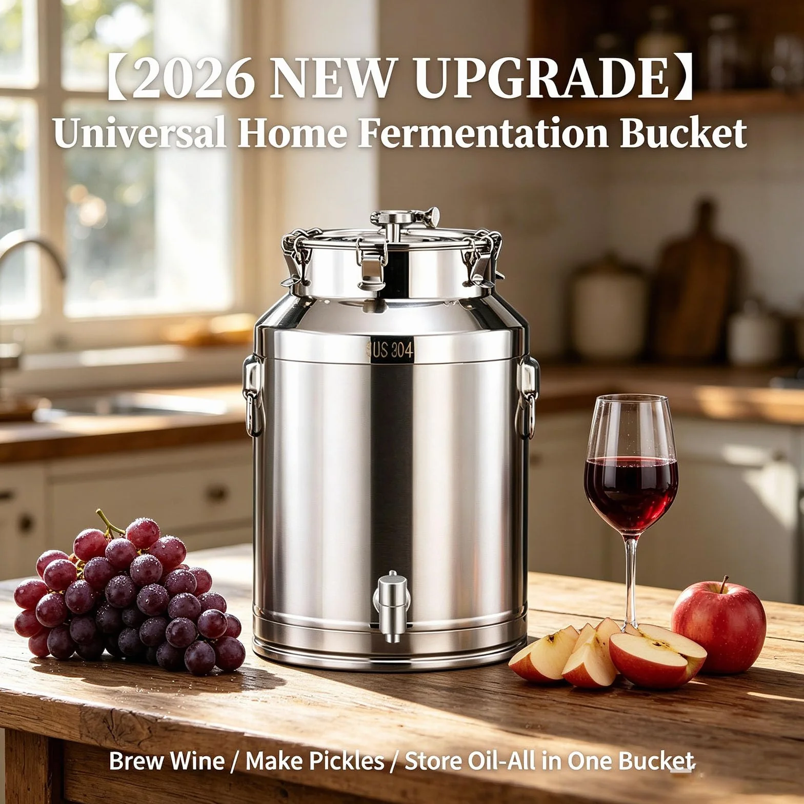 Cubo de fermentación de acero inoxidable 304 con cierre de aire, kit de preparación casera resistente para cerveza y vino, recipiente hermético de almacenamiento de alimentos, a prueba de fugas y