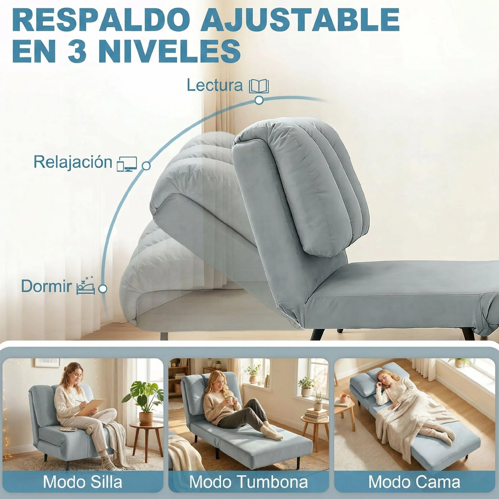 HOMCOM Sofá Cama de 1 Plaza 3 en 1, Sofá Cama Plegable Tapizado en Terciopelo con Respaldo Ajustable en 3 Niveles, Cojín Grueso para Dormitorio, Salón, Oficina, Fácil Montaje, 72x88x87 cm, Gris