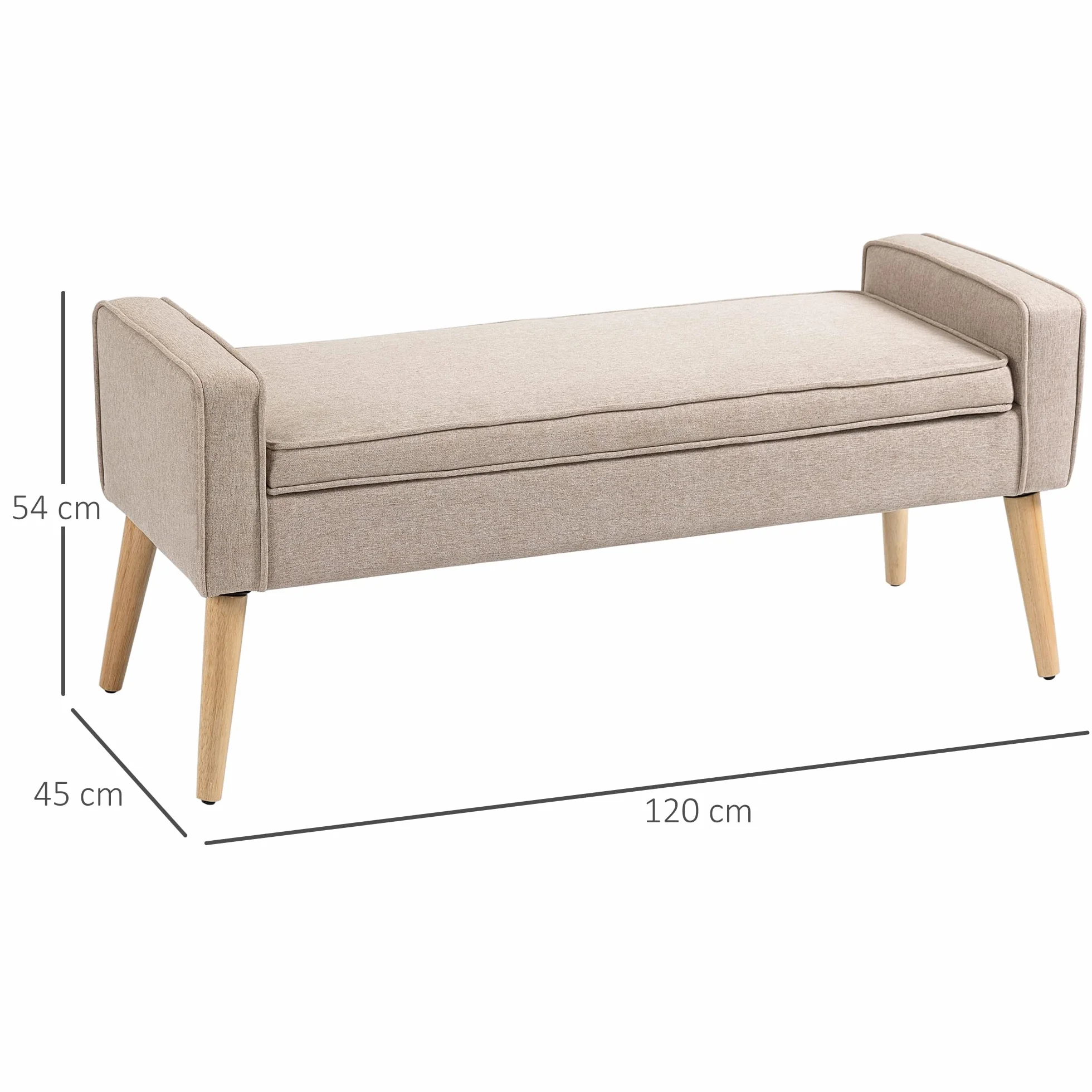 HOMCOM Puff Almacenaje Banco Almacenaje Tapizado en Lino Sintético con Tapa Abatible y Patas de Madera para Dormitorio Salón Entrada Carga 120 kg 120x45x54 cm Beige