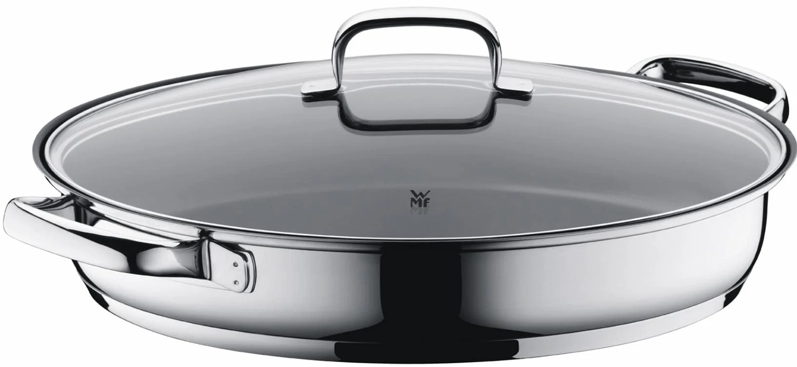 WMF - Rustidiera 38 cm Cacerola Baja Larga Oval con Tapa de Cristal, Cromargan 18/10 Acero Inoxidable, Antiadherente, Apto para Inducción y Horno, Diseñado en Alemania
