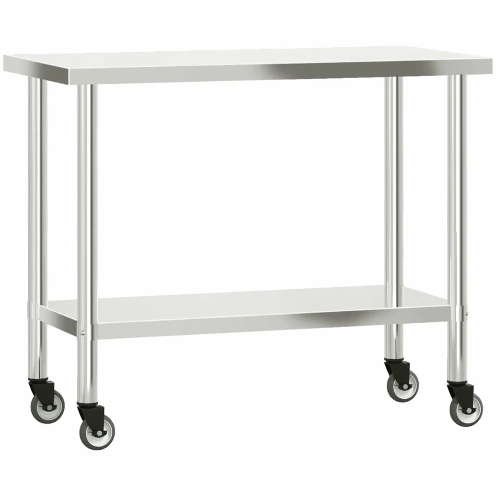 Mesa de trabajo de cocina con estante superior de acero inoxidable, 110 x 55 x 120 cm, con 4 ruedas, estante inferior, ideal para suministros de gastronomía, gastronomía, restaurante, catering