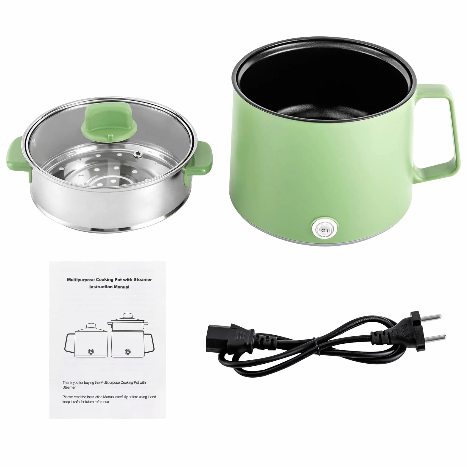 Olla eléctrica 600 W antiadherente con cesta al vapor portátil multiusos para hogar oficina dormitorio (verde)