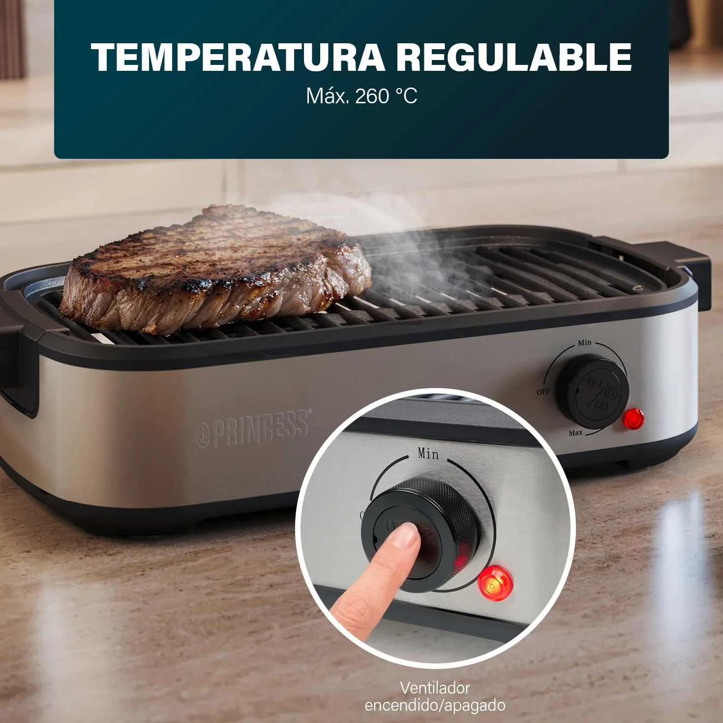 Princess Table Chef Purify Parrilla de Mesa, Barbacoa sin Humo con Sistema de Filtro de Aire, Termostato Regulable, Recubrimiento Ceramico sin PFAS, Superficie de 35 x 21 cm, 103215