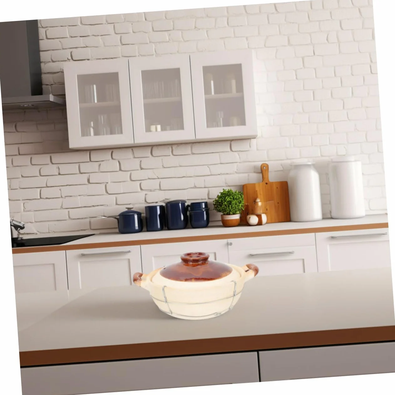 Olla de Barro con Asa para Cocinar, 2 Piezas Beige de Arcilla | Hierro Incluido Estructura, Diseño de Agarre Seguro y Resistente al Calor, para Sopas y Preparación Individual