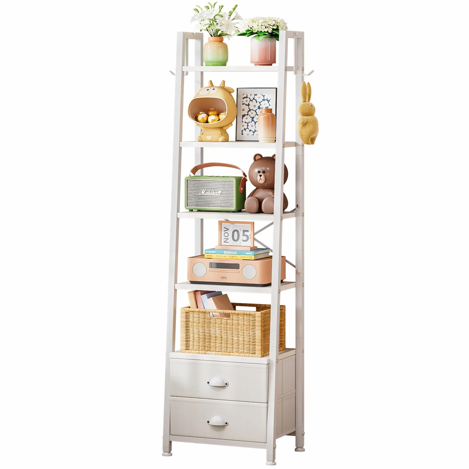 Estantería de 5 Niveles Tipo Escalera con 2 Cajones, Librería Estrecha Independiente para Almacenaje y Exhibición, Estilo Industrial, 39×29×161 cm (Blanco)