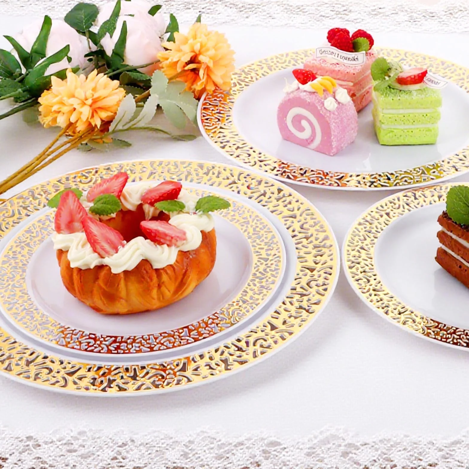 AKOLAFE 50 Piezas Platos Plástico Dorado, Platos Reutilizables con Borde Dorado 19 cm y 26 cm para Bodas Fiestas Cumpleanos Cena Postre Mesa Evento Decoración