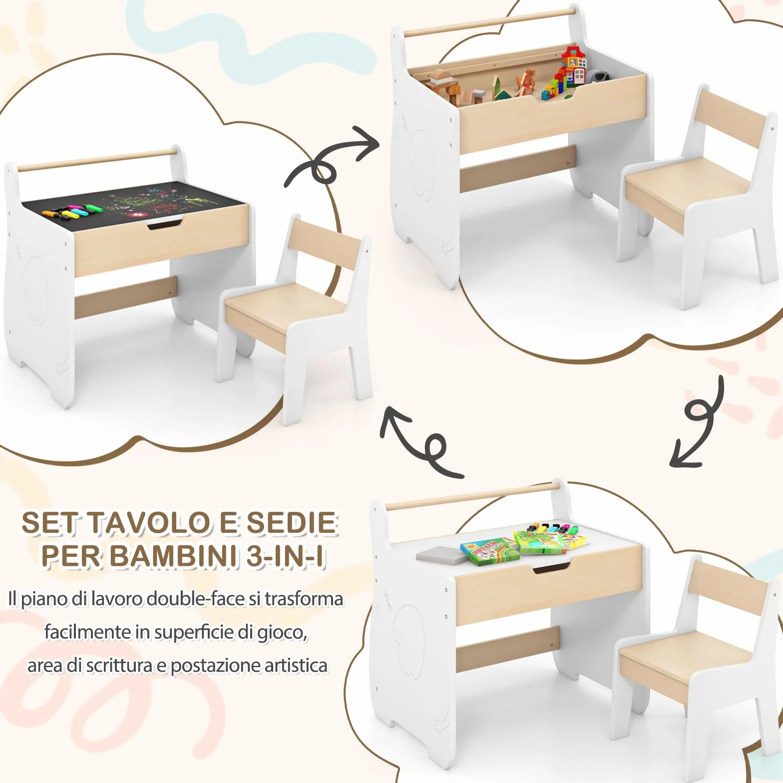 RELAX4LIFE Juego de mesa y silla 2 en 1 para niños, escritorio de madera con tablero extraíble de doble cara, amplio espacio de almacenamiento, diseño multifuncional para habitación de los niños