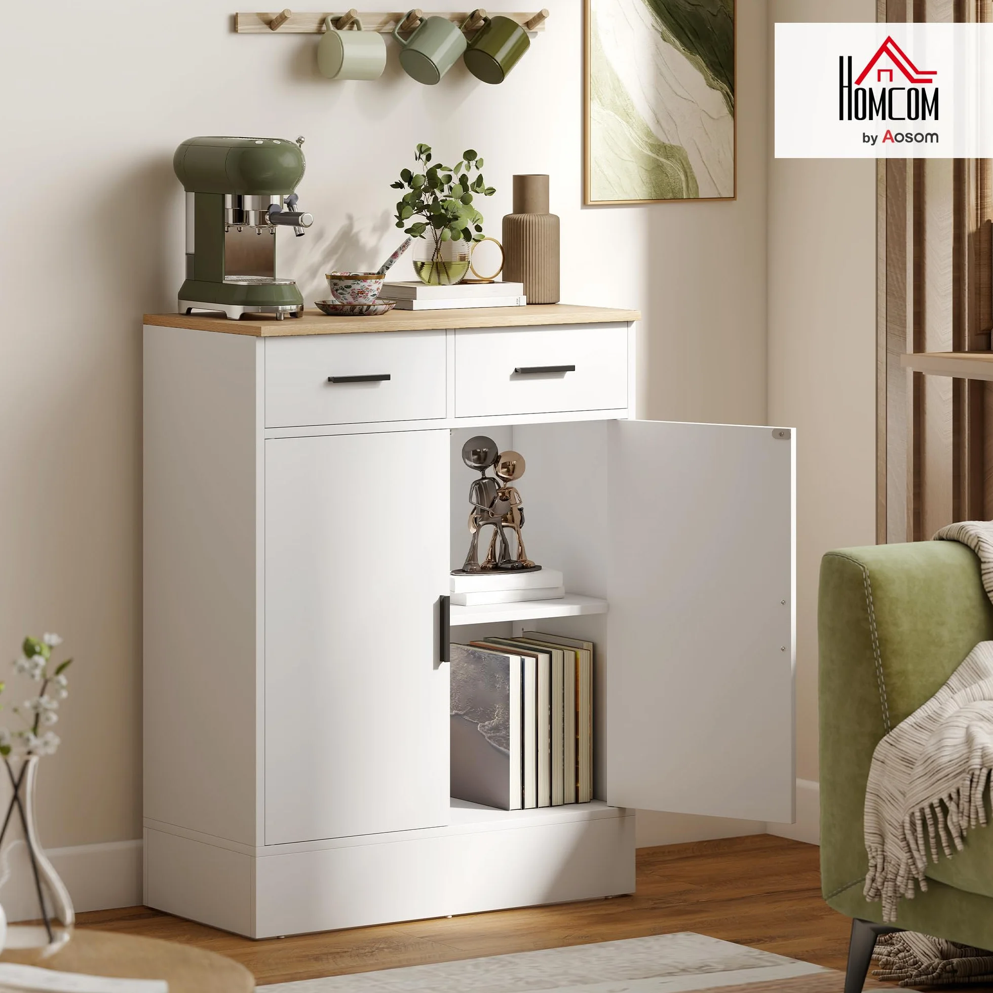 HOMCOM Aparador de 2 Puertas, Aparador de Salón con 2 Cajones y Estantes Ajustables, para Cocina, Entrada, Dormitorio, Blanco y Natural, 68,6x35x90,3 cm