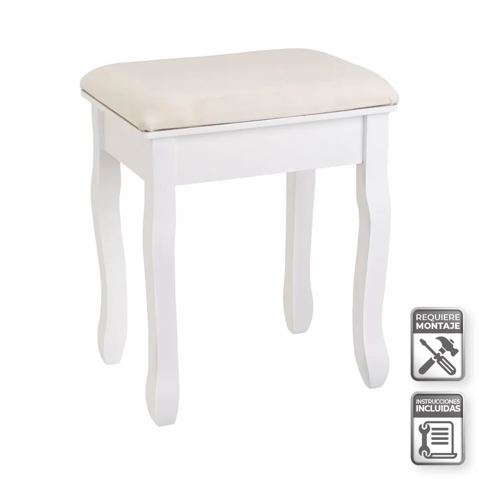LOLAhome Banqueta de Tocador Blanca con Asiento Tapizado, Madera de Paulonia 50x30x39 cm, Estilo Clásico, Taburete para Dormitorio y Maquillaje