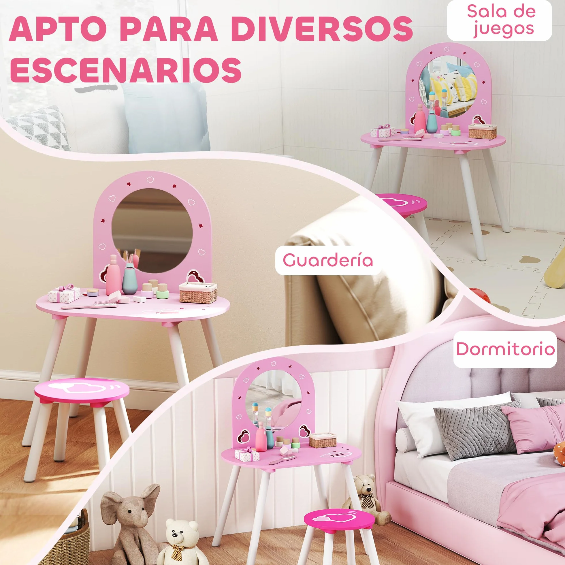 AIYAPLAY Tocador Infantil con Taburete y Espejo, Mesa de Maquillaje para Niñas 3-6 Años, Rosa