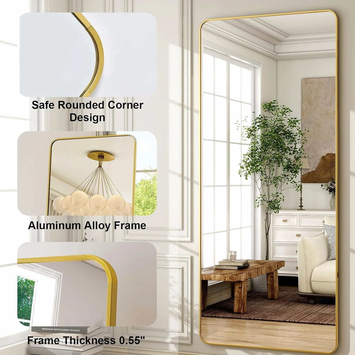 Espejo de Cuerpo Entero 171 x 76 cm, Espejo de Pie Rectangular con Marco de Aluminio, Montaje en Suelo o Pared, Espejos Grandes de Pared Moderno para Vestidor, Dormitorio y Salón