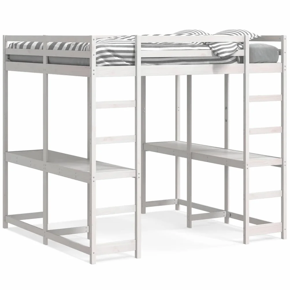 Cama alta con escritorio y escalera, marco de cama de pino blanco, 160 x 200 cm, cama de tamaño Queen robusta para niños y jóvenes, mueble que ahorra espacio