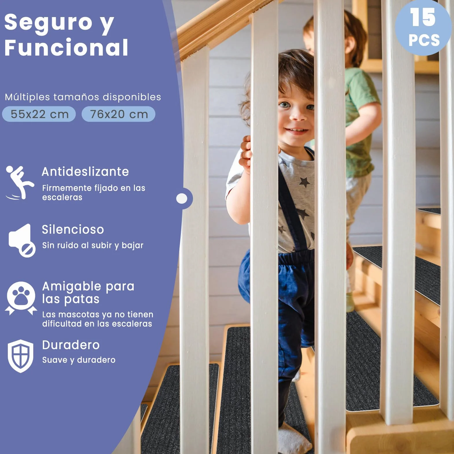 Alfombrillas para Escaleras Antideslizantes, 15 Alfombrillas Autoadhesivas Escalones Interiores, Recortables y Reutilizables - Protección para Mascotas, Mayores, Niños (Gris Oscuro, 76x20 cm)