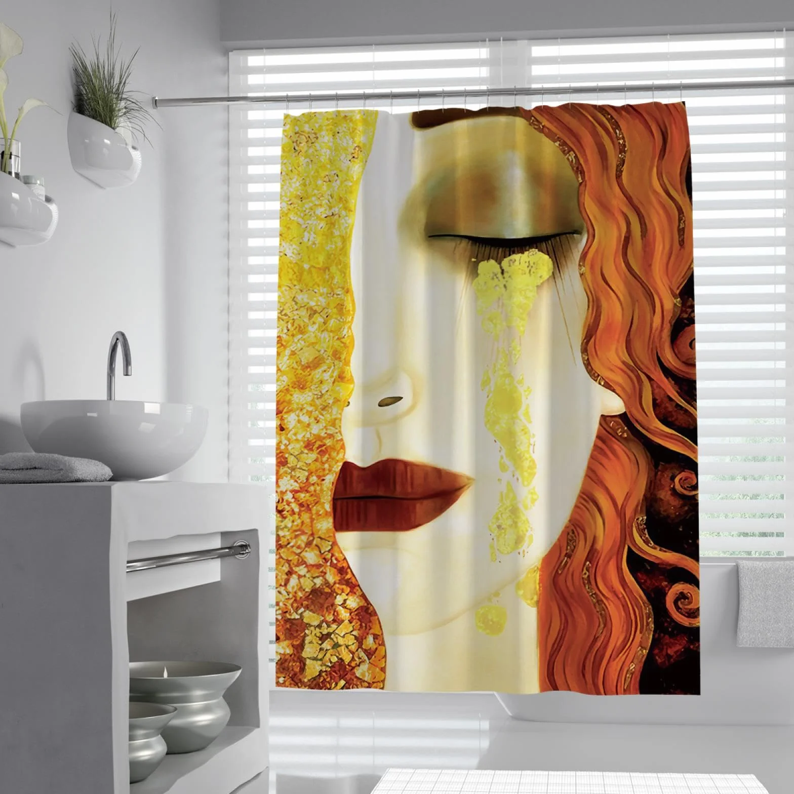 Cortinas de Ducha de Lujo Moderno Mujer Llorando Cortina de baño Decorativa Creativa Cortina de Ducha de Tela de poliéster Lavable con Ganchos 200x200cm