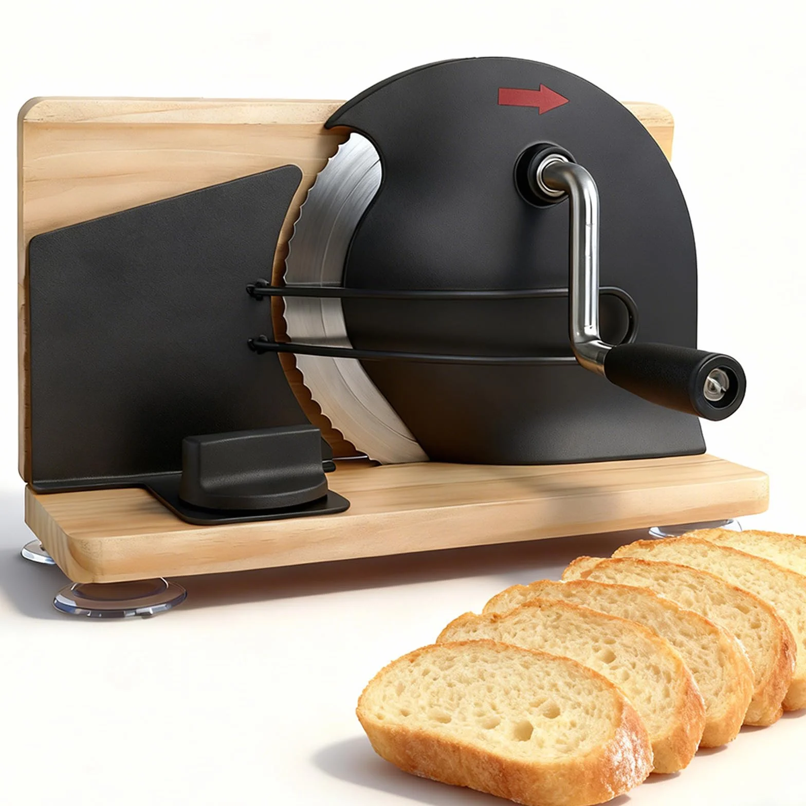 Cortadora Manual de Pan, Rebanadora con Manivela Ajustable 1–20 mm | Cuchilla Dentada, Base de Madera Plegable y Ventosas para Pan, Tostadas, Bollería, Queso y Salchichas(black)