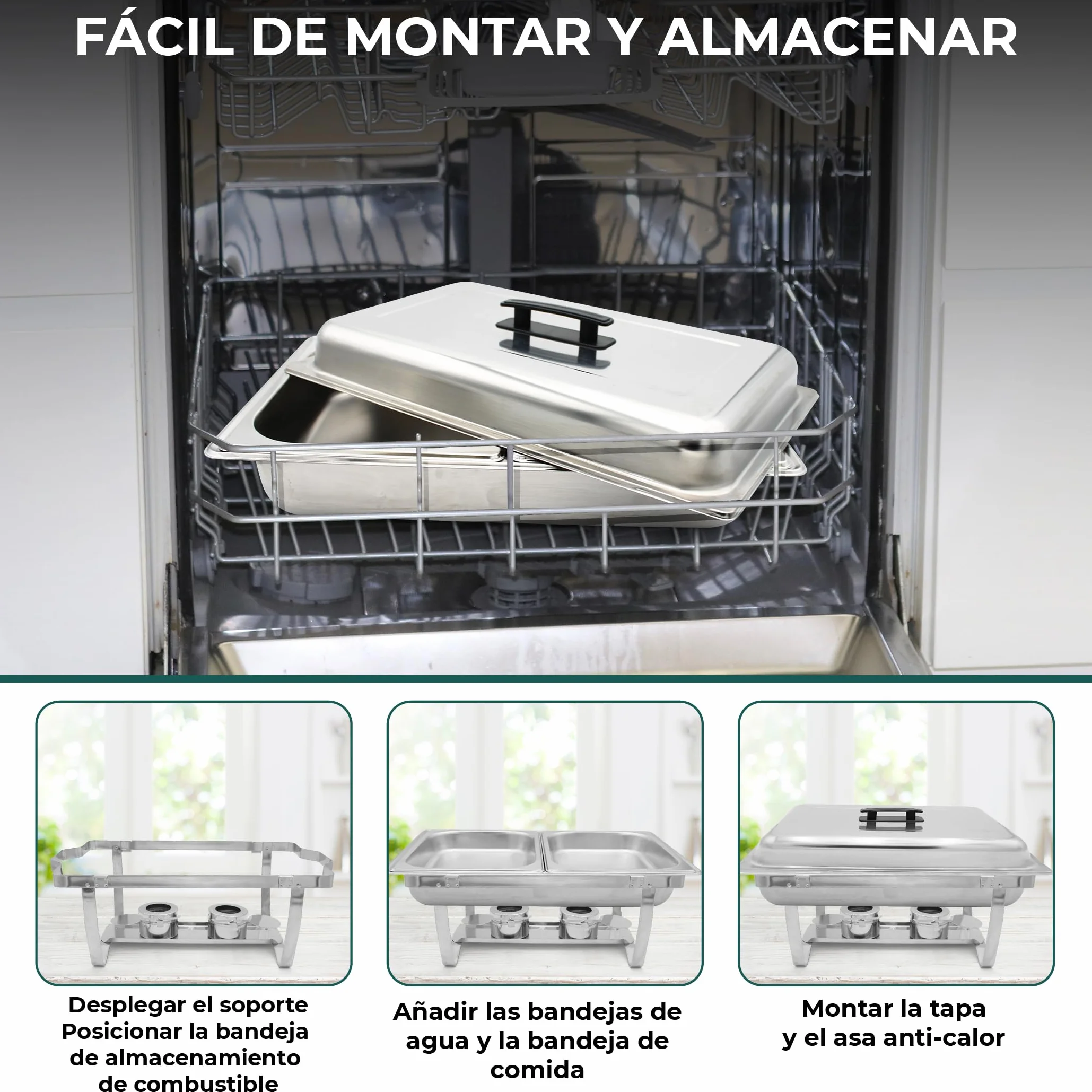 Pack de 4 Calentadores de Platos LEUTHERIA - Chafing Dish Profesional/Acero Inoxidable alimentario para Buffet/baño maría Profesional/Mantenimiento en Caliente/Catering/Hotel/Restaurante