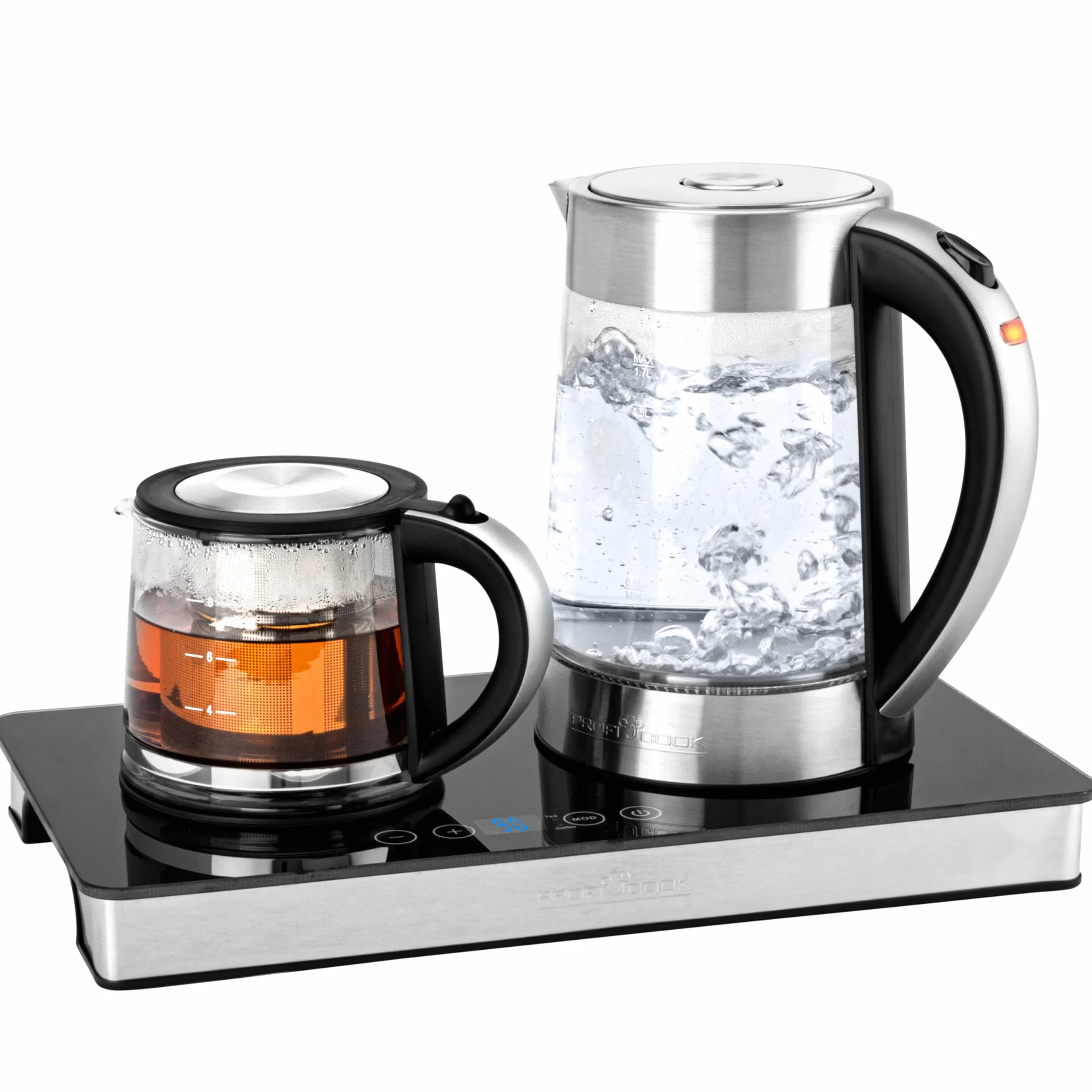 Estación de té y café ProfiCook® | Hervidor de 1,7 litros | Tetera | Vidrio | 0,8 litros | Función mantener caliente | Ajuste de temperatura y panel de control táctil con sensor | PC-TK 1056