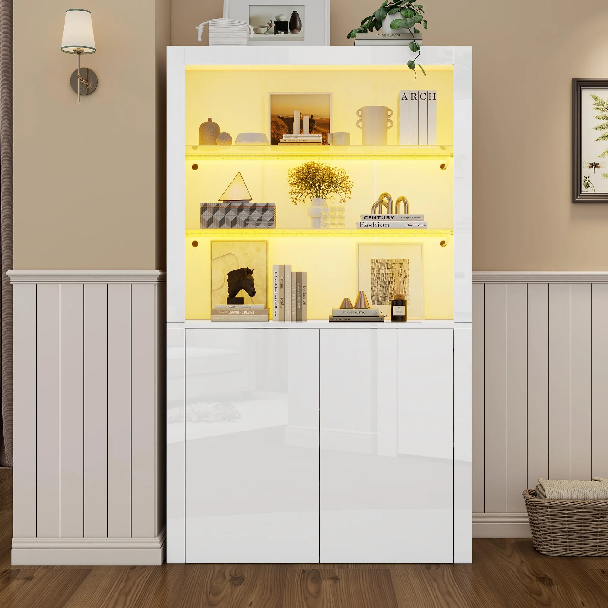 Vitrina Cristal Vitrina Salon con Luces LED y Separadores de Cristal, Vitrina Expositora con 2 Puertas, Armario de Colección Moderno, Armario Alto Multifunción, Vitrinas, 100x35x170 cm, Blanco