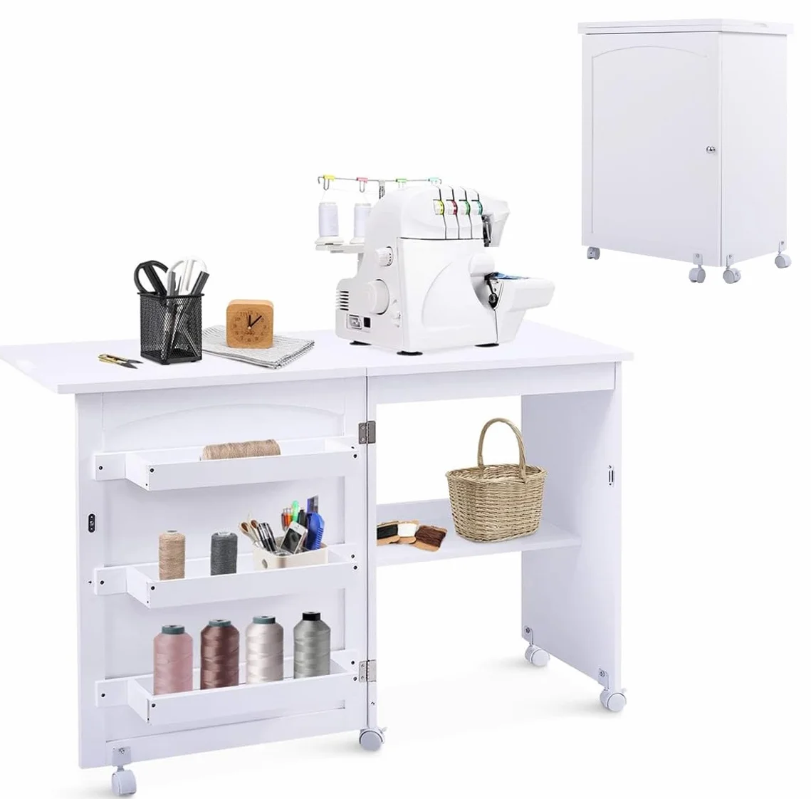 RELAX4LIFE Mesa de Costura Plegable con 5 Ruedas, 4 Estantes de Almacenamiento y Frenos, Mesa para Máquina de Coser de MDF, Mesa Multifuncional para Salón, Dormitorio, 118,5x40x79,5cm (Blanco)